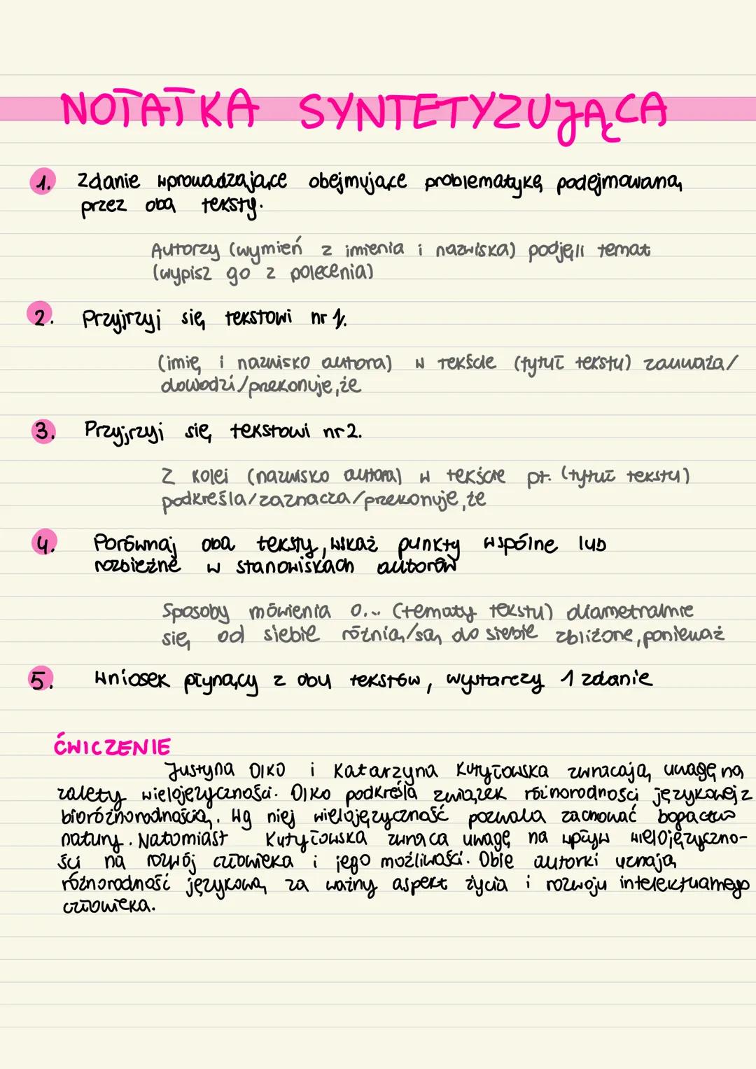 NOTATKA SYNTETYZUJĄCA
Zdanie wprowadzające obejmujące problematykę podejmowaną,
przez oba teksty.
2 imienia i nazwiska) podjęli temat
Autorz