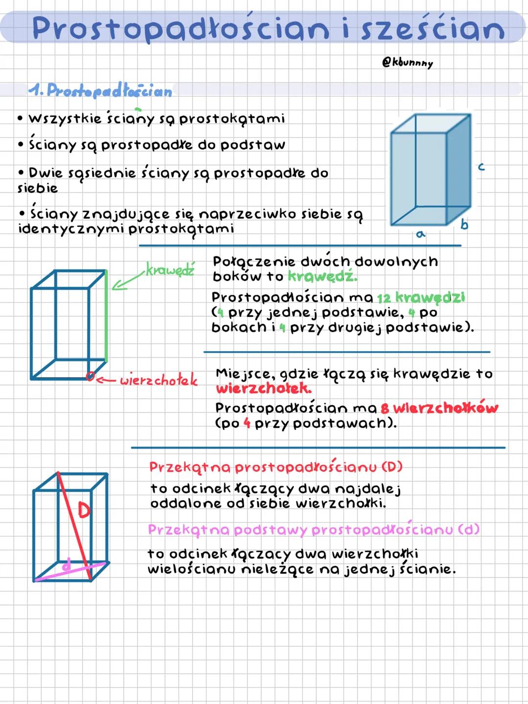 Prostopadłościan i sześćian
1.Prostopadłościan
• Wszystkie ściany są prostokątami
• Ściany są prostopadłe do podstaw
• Dwie sąsiednie ściany