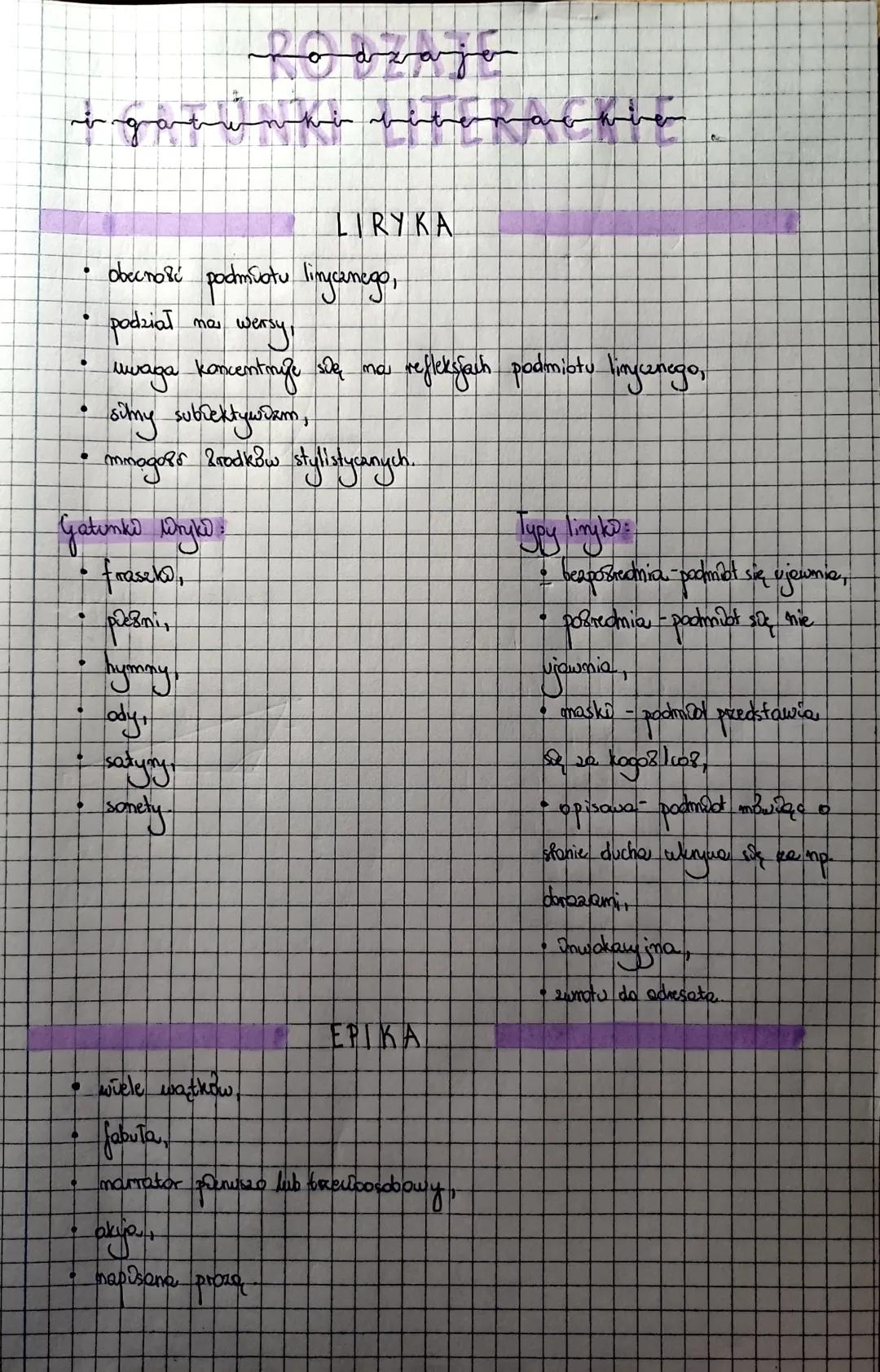 Podzaje
LIRYKA
• obecnové podmiotu linycamage,
·
•
podział ma wers
wersy
uwaga koncentruje się ma
simy subiektywizm,
• mmogoer Prodków styli