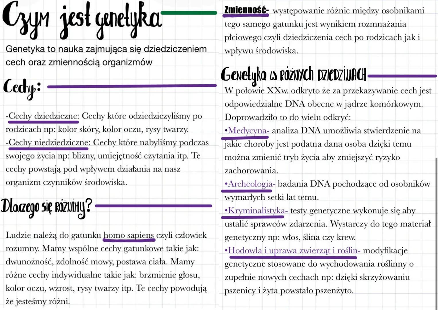 # Czym jest genetyka
Genetyka to nauka zajmująca się dziedziczeniem
cech oraz zmiennością organizmów
## Cechy:
-Cechy dziedziczne: Cechy