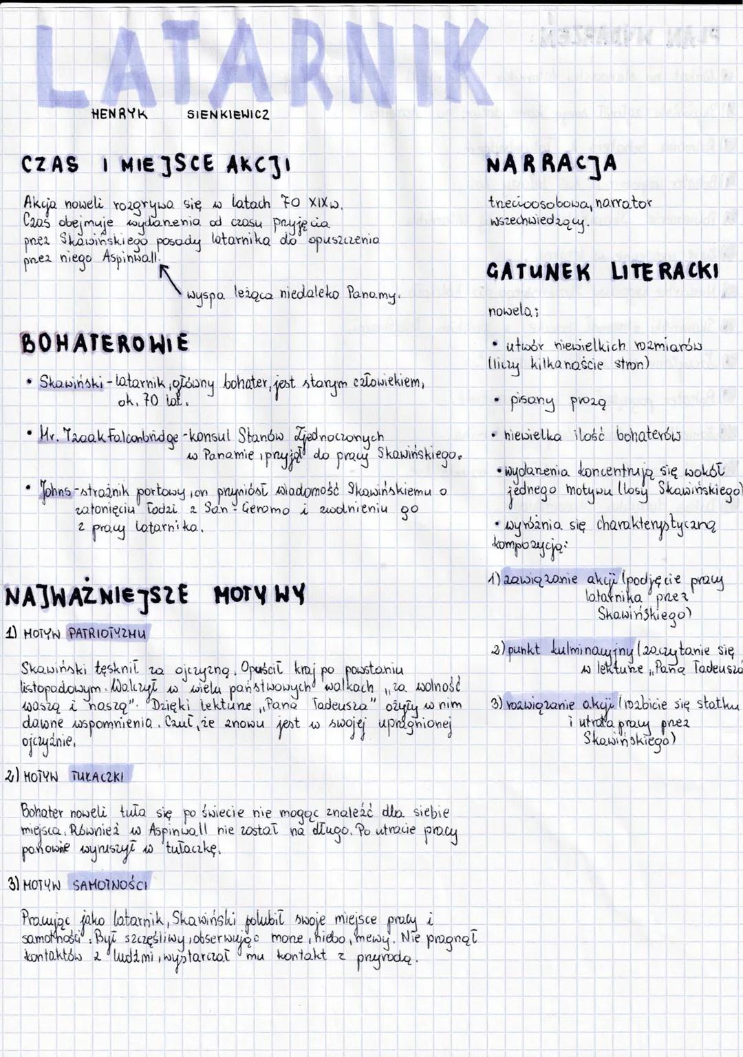 # LATARNIK
HENRYK SIENKIEWIC2
## CZAS I MIEJSCE AKCJI
Akja noweli rozgrywa się w latach 70 XIXW.
Czas obejmuje wydanenia od czasu pryjęci