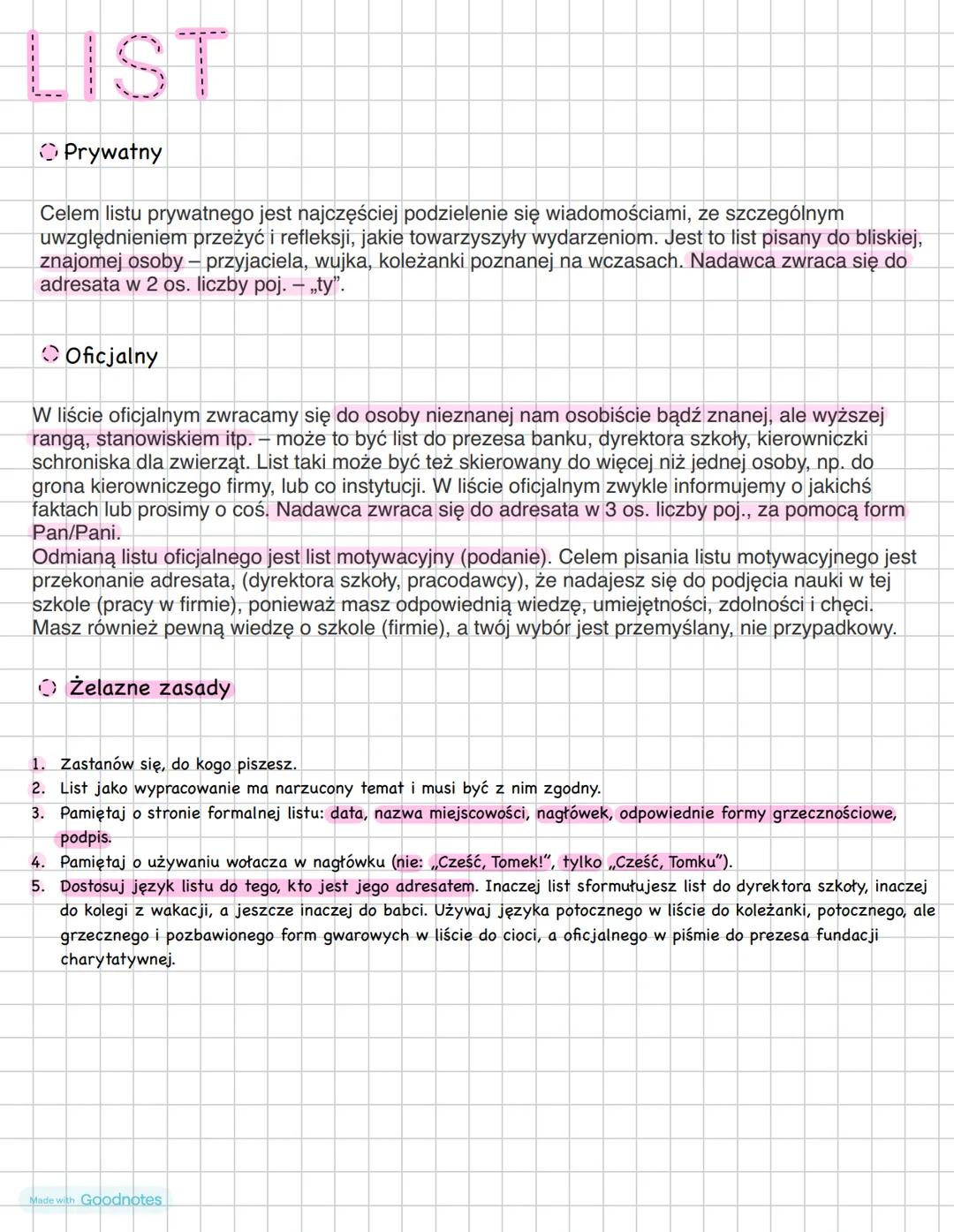 LIST
⚫ Prywatny
Celem listu prywatnego jest najczęściej podzielenie się wiadomościami, ze szczególnym
uwzględnieniem przeżyć i refleksji, ja
