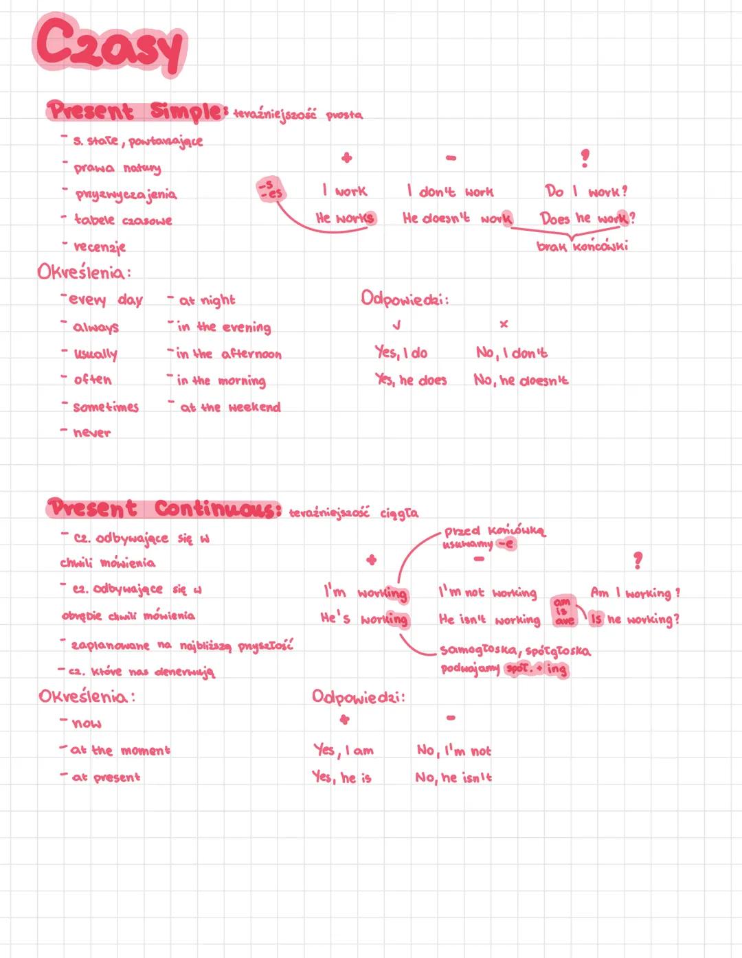 Czasy
Present Simple³ tevaźniejszość prosta
-
• S. state, powtarzające
- prawa natury.
-
przyzwyczajenia
tabele czasowe
recenzje
Określenia: