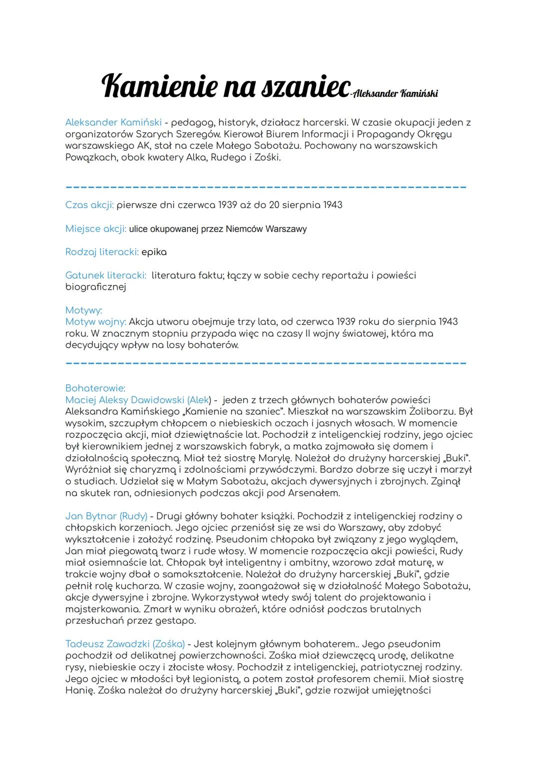 # Kamienie na szaniec-leksander Kamiński
Aleksander Kamiński - pedagog, historyk, działacz harcerski. W czasie okupacji jeden z
organizator