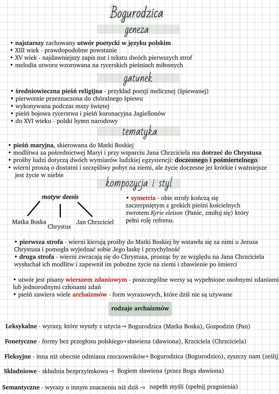 Bogurodzica # Bogurodzica
geneza
* najstarszy zachowany utwór poetycki w języku polskim
* XIII wiek - prawdopodobne powstanie
* XV w