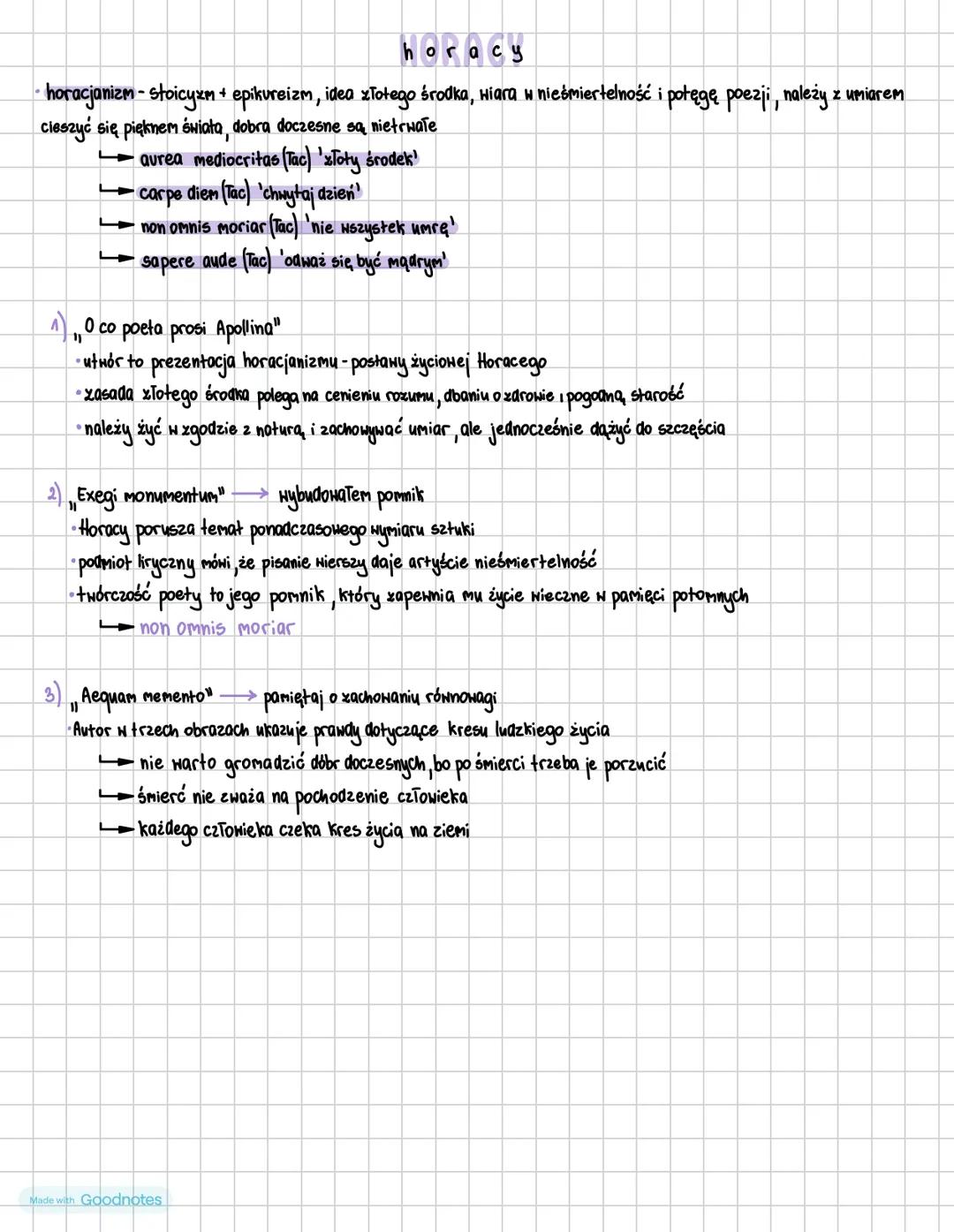 horacy
•horacjanizm - stoicyzm + epikureizm, idea złotego środka, wiara w nieśmiertelność i potęgę poezji, należy z umiarem
cieszyć się pięk