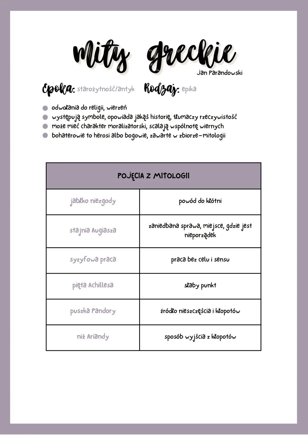 mity greckie
Epoka starożytność/antyk Rodzaj: epika
odwołania do religii, wierzeń
Jan Parandowski
występują symbole, opowiada jakąś historię