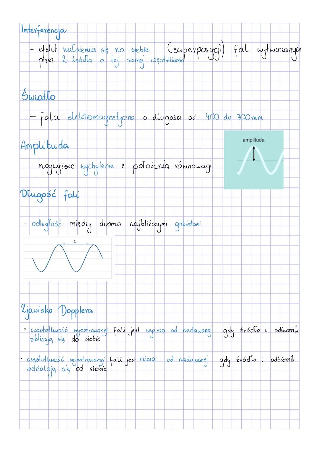 Fale i optyka
A. Człowiek słyszy fale o częstotliwości od 16 do 20000 Hz. Oblicz długość fali o częstotliwości 5000
Hz, jeżeli prędkość dźw