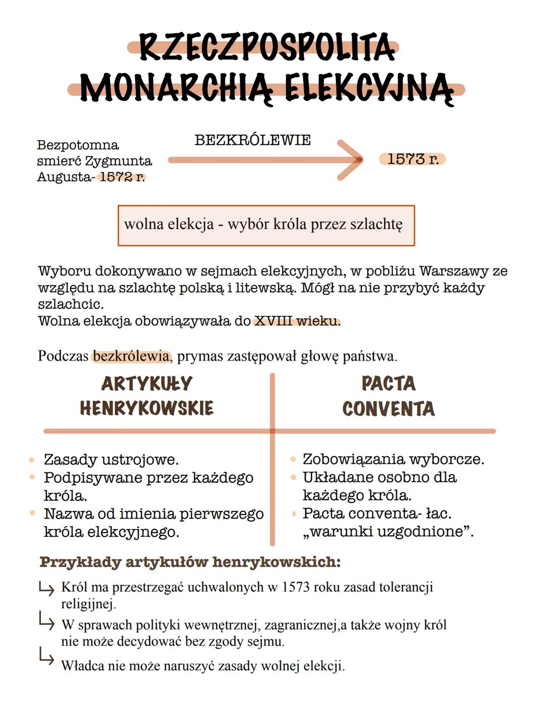 # RZECZPOSPOLITA
# MONARCHIĄ ELEKCYJNĄ
Bezpotomna
śmierć Zygmunta
Augusta- 1572 r.
BEZKRÓLEWIE
1573 r.
wolna elekcja - wybór króla przez