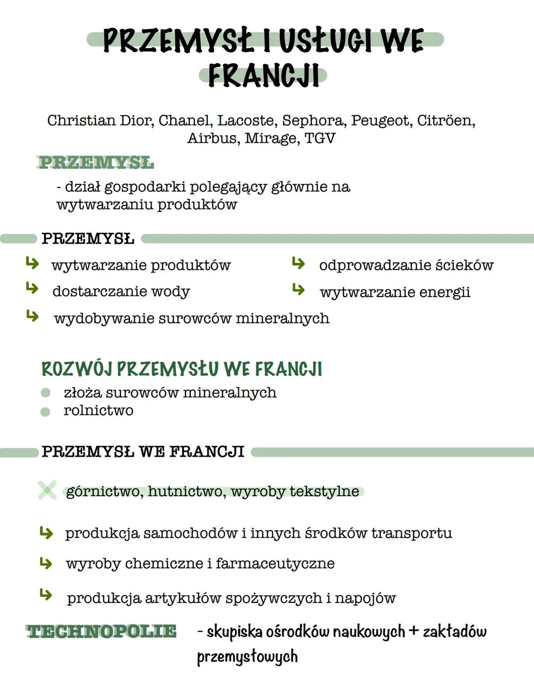 PRZEMYSŁ I USŁUGI WE
FRANCJI
Christian Dior, Chanel, Lacoste, Sephora, Peugeot, Citröen,
Airbus, Mirage, TGV
PRZEMYSŁ
- dział gospodarki pol