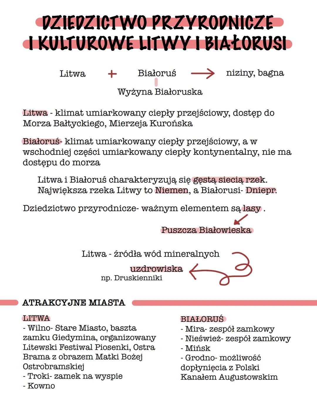 DZIEDZICTWO PRZYRODNICZE
I KULTUROWE LITWY I BIAŁORUSI
Litwa +
Białoruś
Wyżyna Białoruska
niziny, bagna
Litwa - klimat umiarkowany ciepły pr
