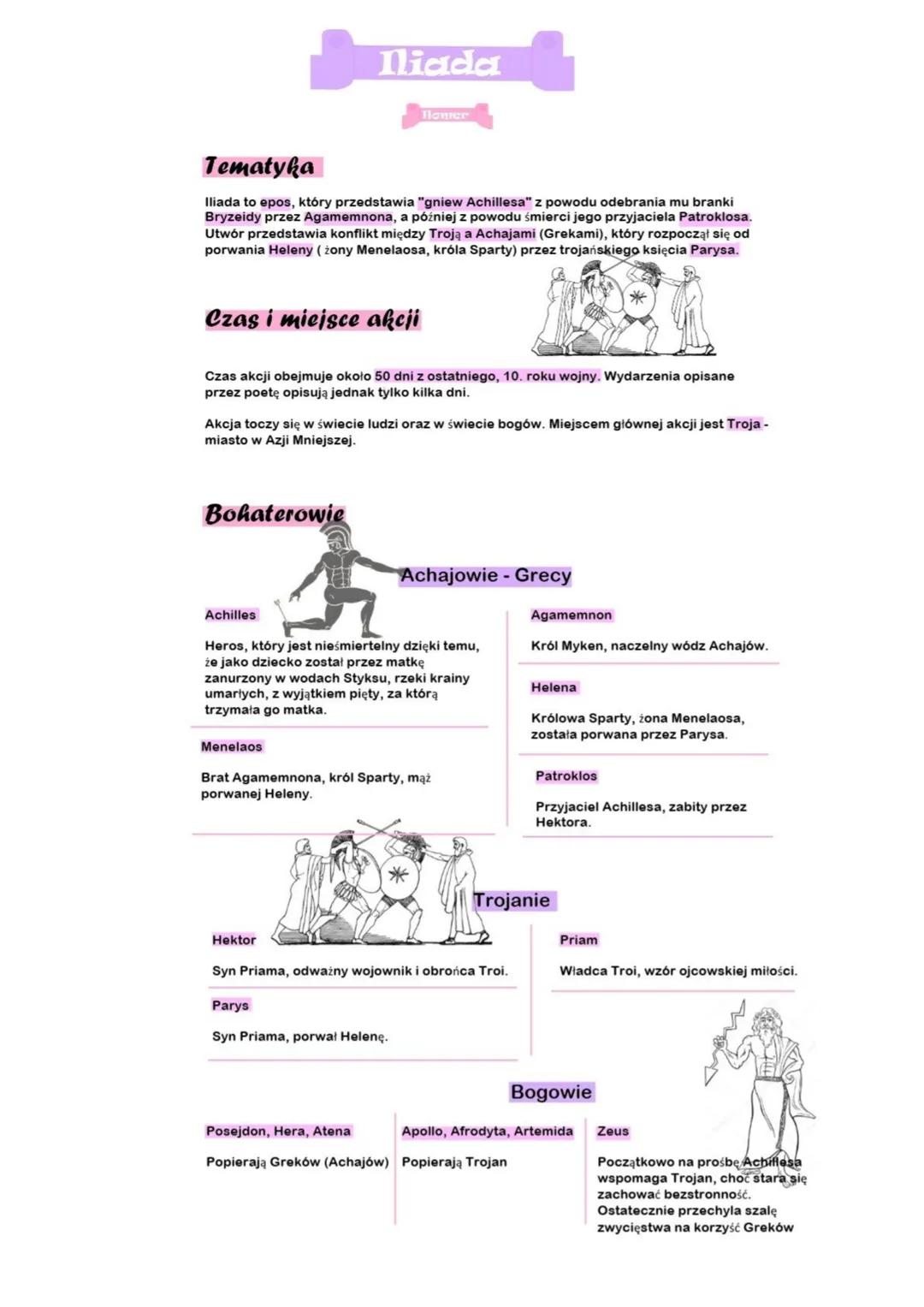 # Iliada
Tematyka
Iliada to epos, który przedstawia "gniew Achillesa" z powodu odebrania mu branki
Bryzeidy przez Agamemnona, a później z