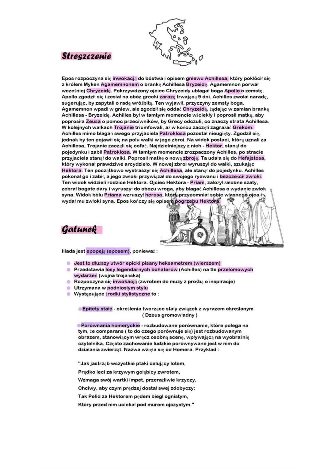 # Iliada
Tematyka
Iliada to epos, który przedstawia "gniew Achillesa" z powodu odebrania mu branki
Bryzeidy przez Agamemnona, a później z