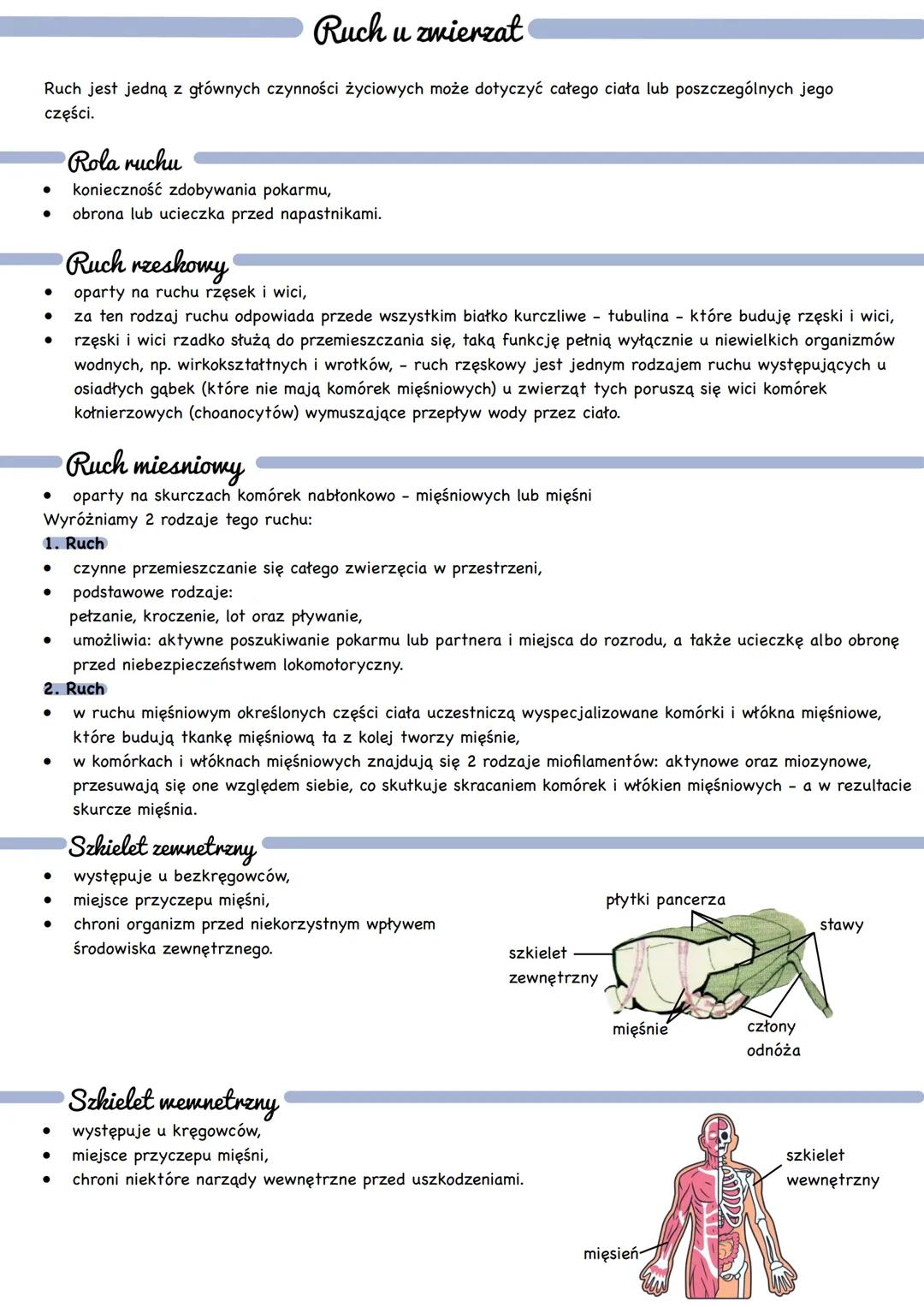 # Ruch u zwierząt
Ruch jest jedną z głównych czynności życiowych może dotyczyć całego ciała lub poszczególnych jego części.
## Rola ruchu