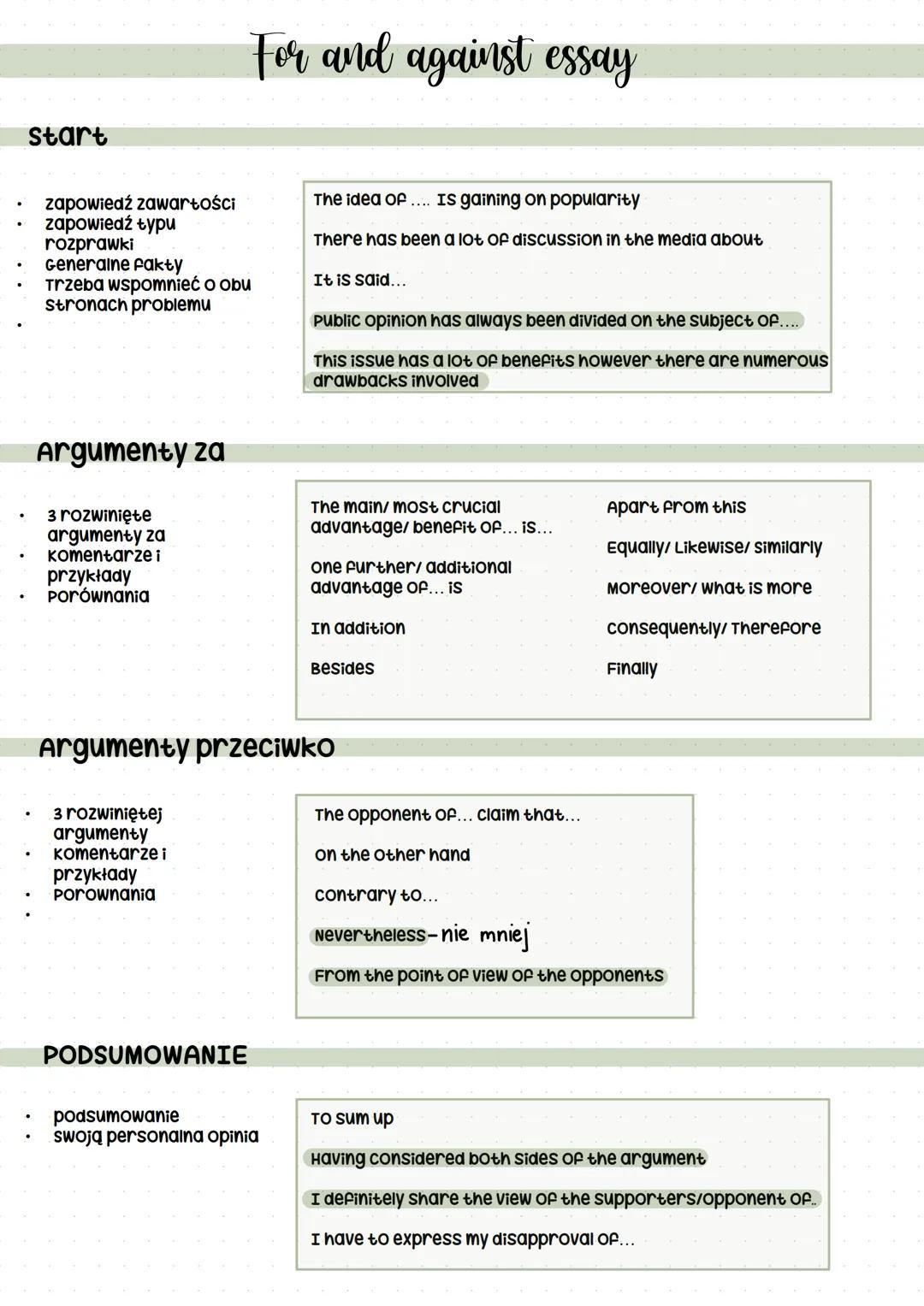 # For and against essay
start
- zapowiedź zawartości
- zapowiedź typu
- rozprawki
- Generalne fakty
- Trzeba wspomnieć o obu
- stronach pr