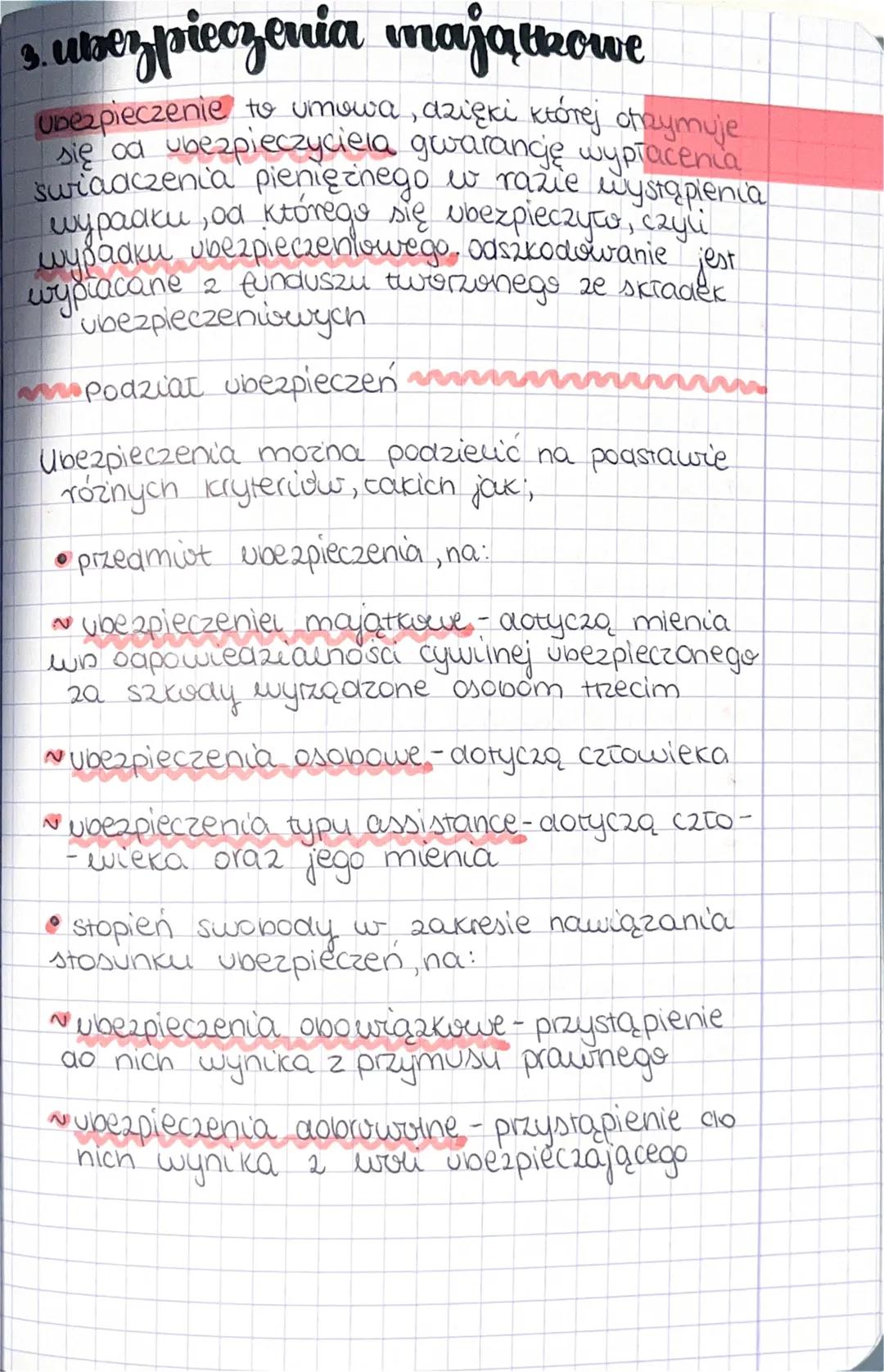 3. ubezpieczenia majątkowe
Ubezpieczenie to umowa dzięki której
się oa ubezpieczyciela gwarancję wypłacenia
swiadczenia pieniężnego w razie
