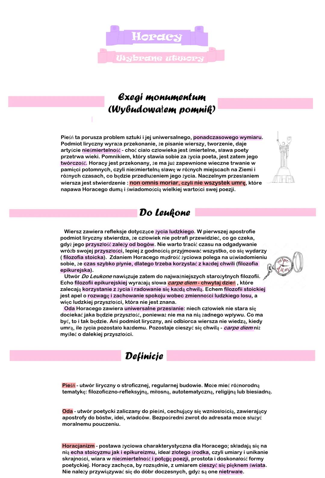 # Horacy
Wybrane utwory
## Exegi monumentum
(Wybudowałem pomnik)
Pieśń ta porusza problem sztuki i jej uniwersalnego, ponadczasowego wymia