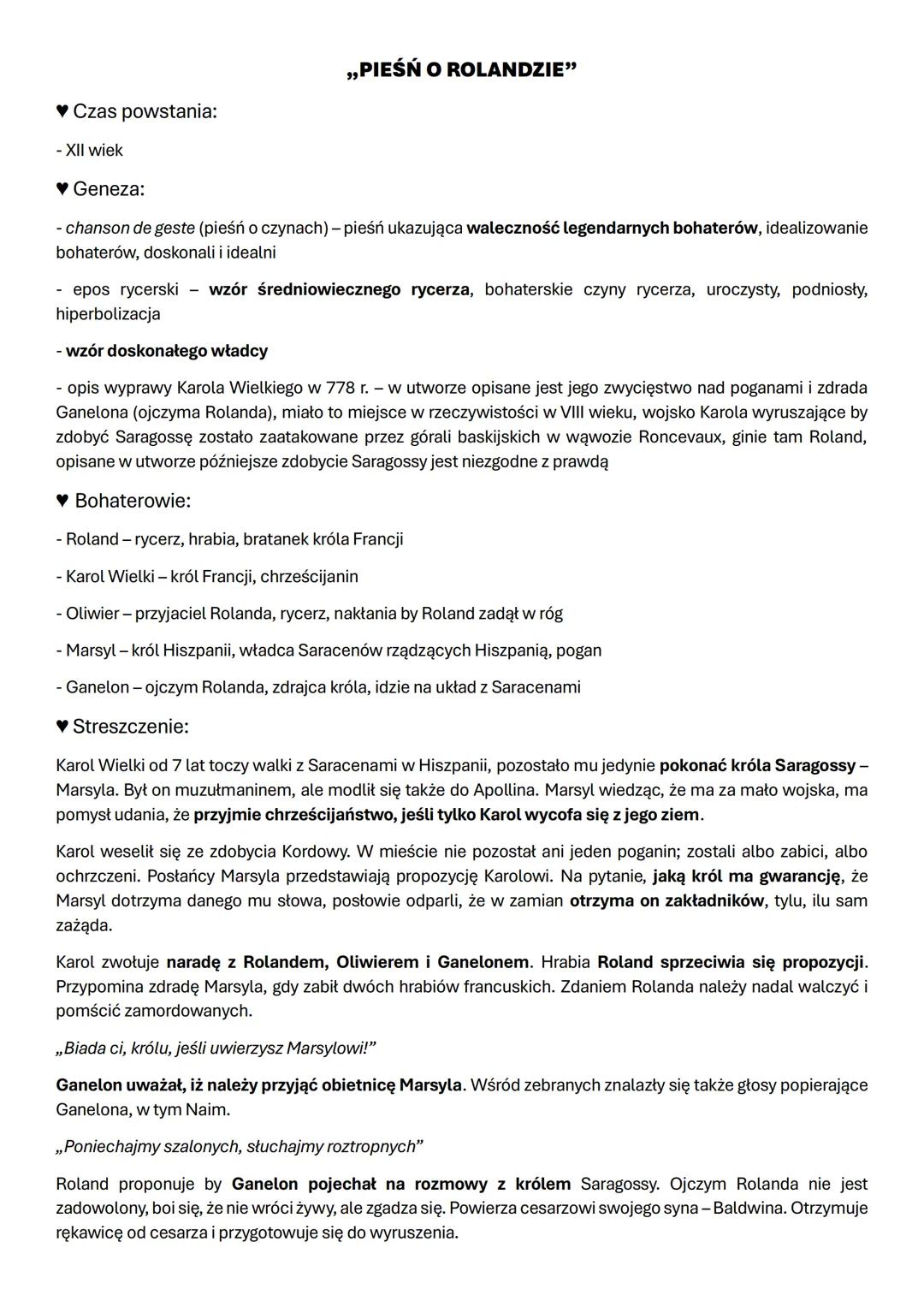 # „PIEŚŃ O ROLANDZIE”
♥ Czas powstania:
- XII wiek
♥ Geneza:
- *chanson de geste* (pieśń o czynach) – pieśń ukazująca waleczność legenda