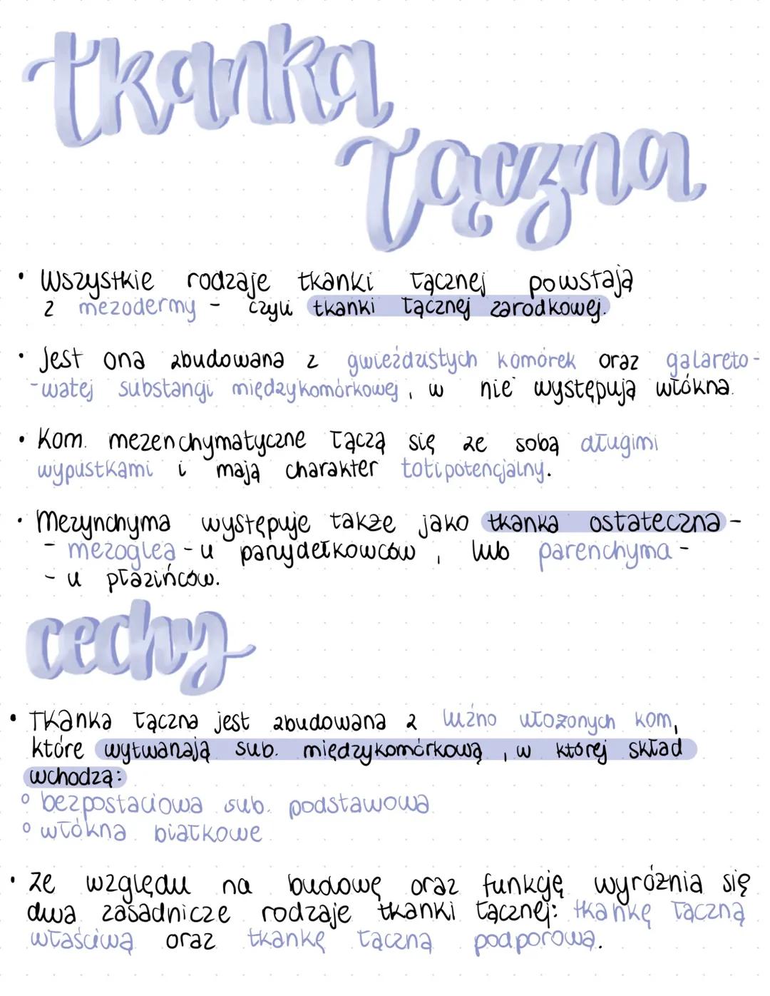 # tkanka
Taczna
* Wszystkie rodzaje tkanki Tącznej powstaja
2 mezodermy - czyli tkanki tącznej zarodkowej.
* Jest ona zbudowana z
