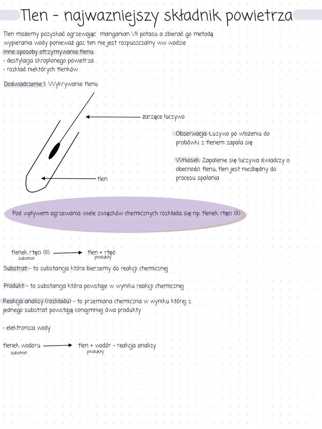 .
Tlen-najwazniejszy składnik powietrza
Tlen możemy pozyskać ogrzewając manganian VII potasu a zbierać go metodą
wypierania wody ponieważ ga