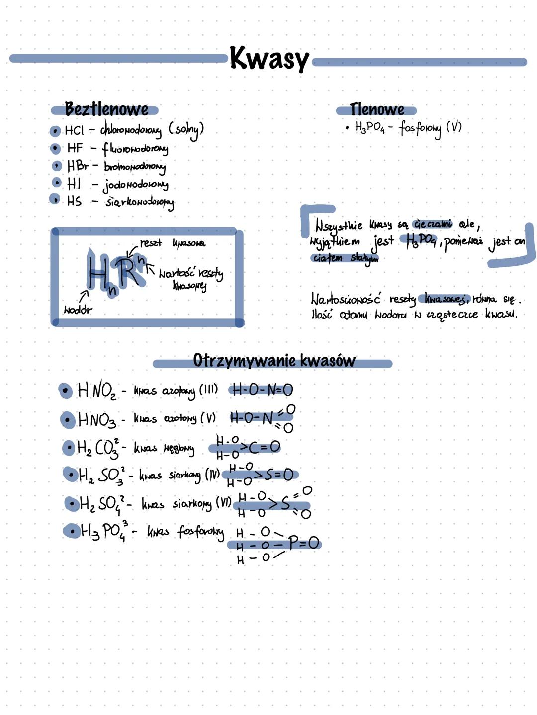 Beztlenowe
●HCI - chlorowodorowy (solny)
HF-fluorowodorowy
HBr-bromopodorowy
HI - jodo Nodorowy
HS
-
Siarkowodoropy
Kwasy
Tlenowe
H3PO4 - fo