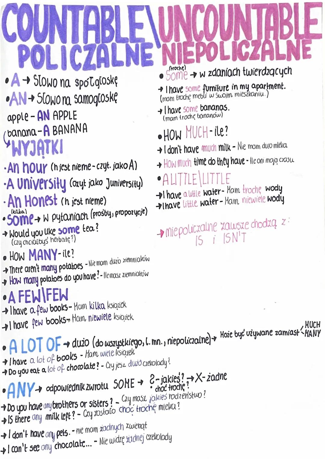 # COUNTABLE UNCOUNTABLE
POLICZALNE NIEPOLICZALNE
•A→ Słowo na spotgloskę
•AN→ Słowo na samogtoskę
apple - AN APPLE
banana-A BANANA
*WYJĄTKI*