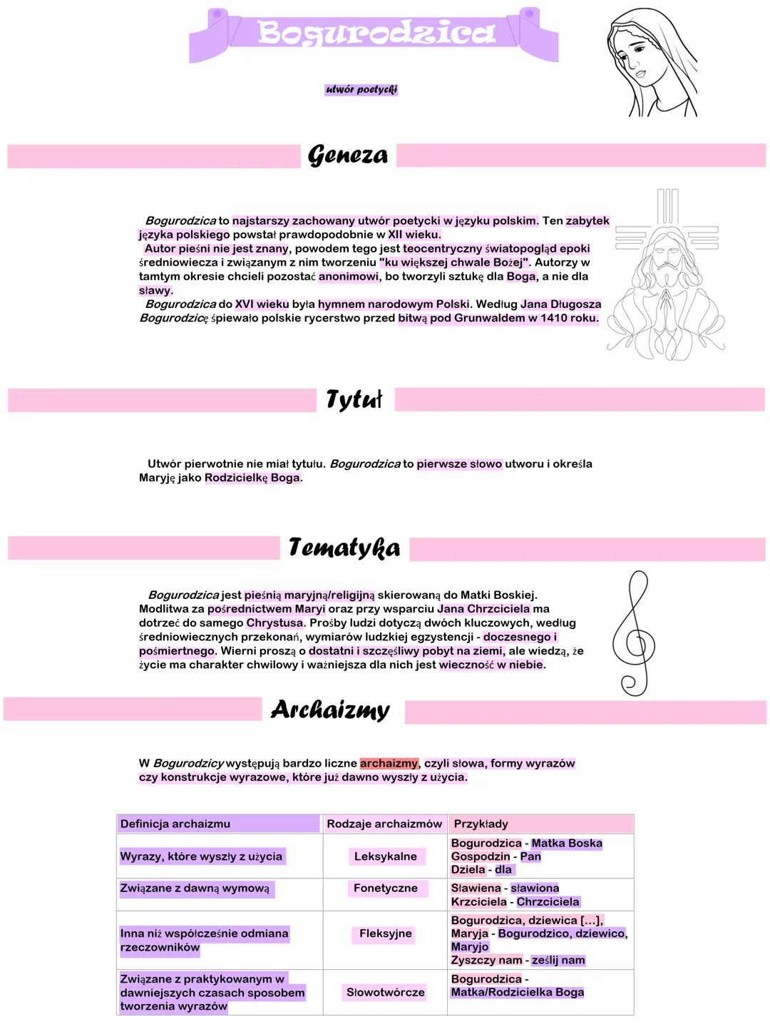 Bogurodzica
utwór poetycki
Geneza
Bogurodzica to najstarszy zachowany utwór poetycki w języku polskim. Ten zabytek
języka polskiego powstał