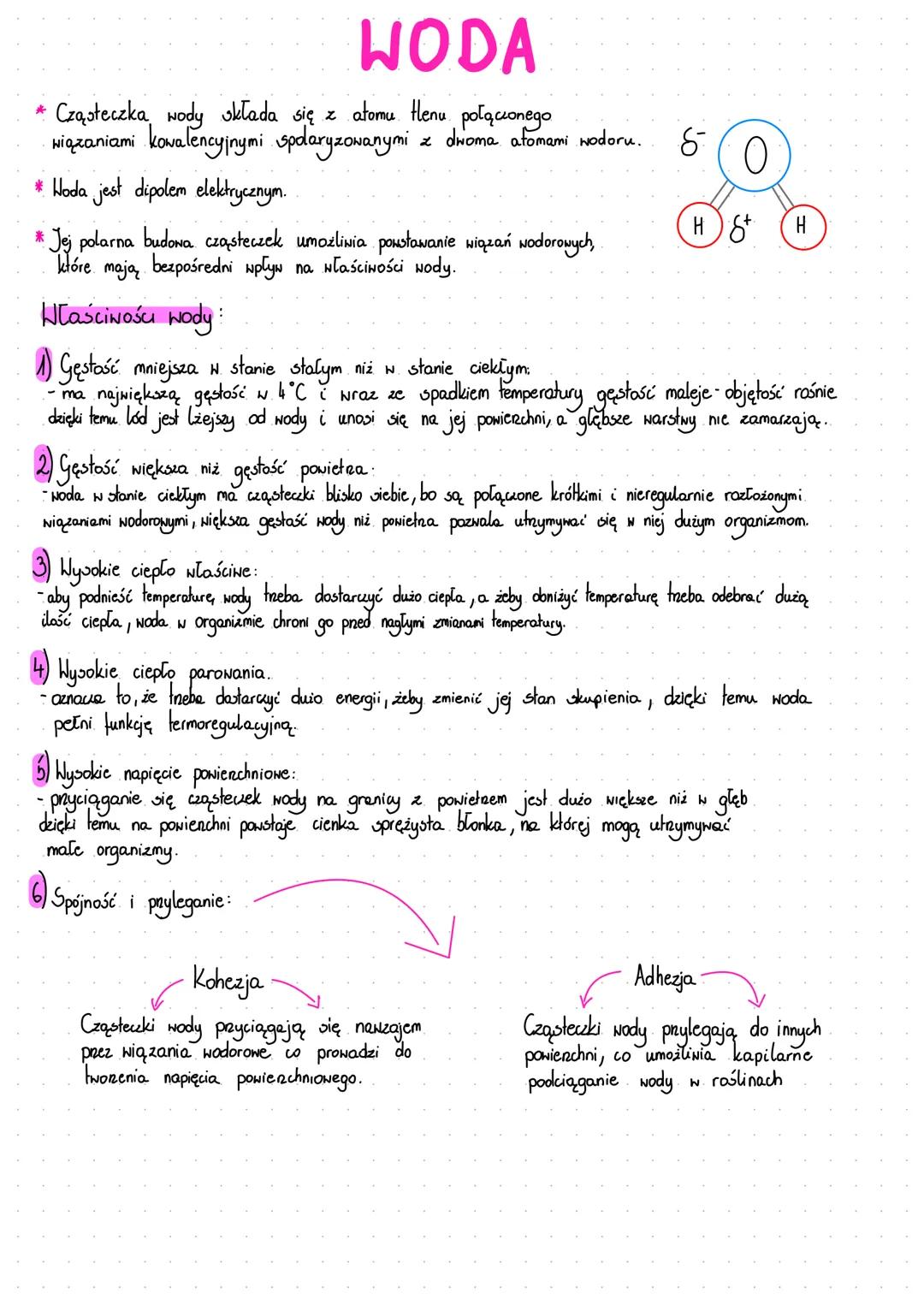 WODA
Cząsteczka wody składa się z atomu tlenu połączonego
• Wiązaniami kovalencyjnymi spolaryzowanymi z dwoma afomami wodoru.
* Woda jest di