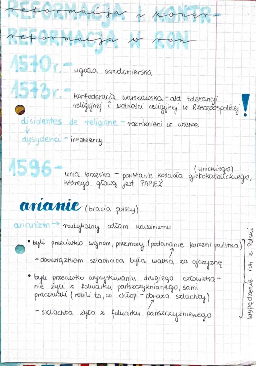 eformacja i
macja i kontr-
reformacja w von
1570c. ugoda sandomierska
1573r. Konfederacja warszawska-akt bolerang
religijnej i wolności r
