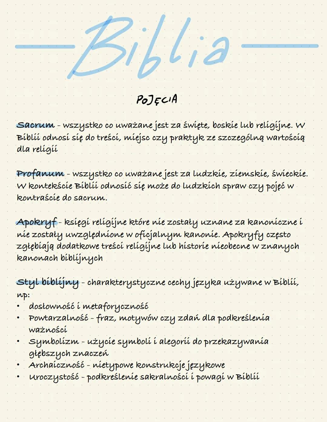 # Wrzesień
KLASA 5 # Biblia
POJĘCIA
Sacrum - wszystko co uważane jest za święte, boskie lub religijne. W
Biblii odnosi się do treści, miej