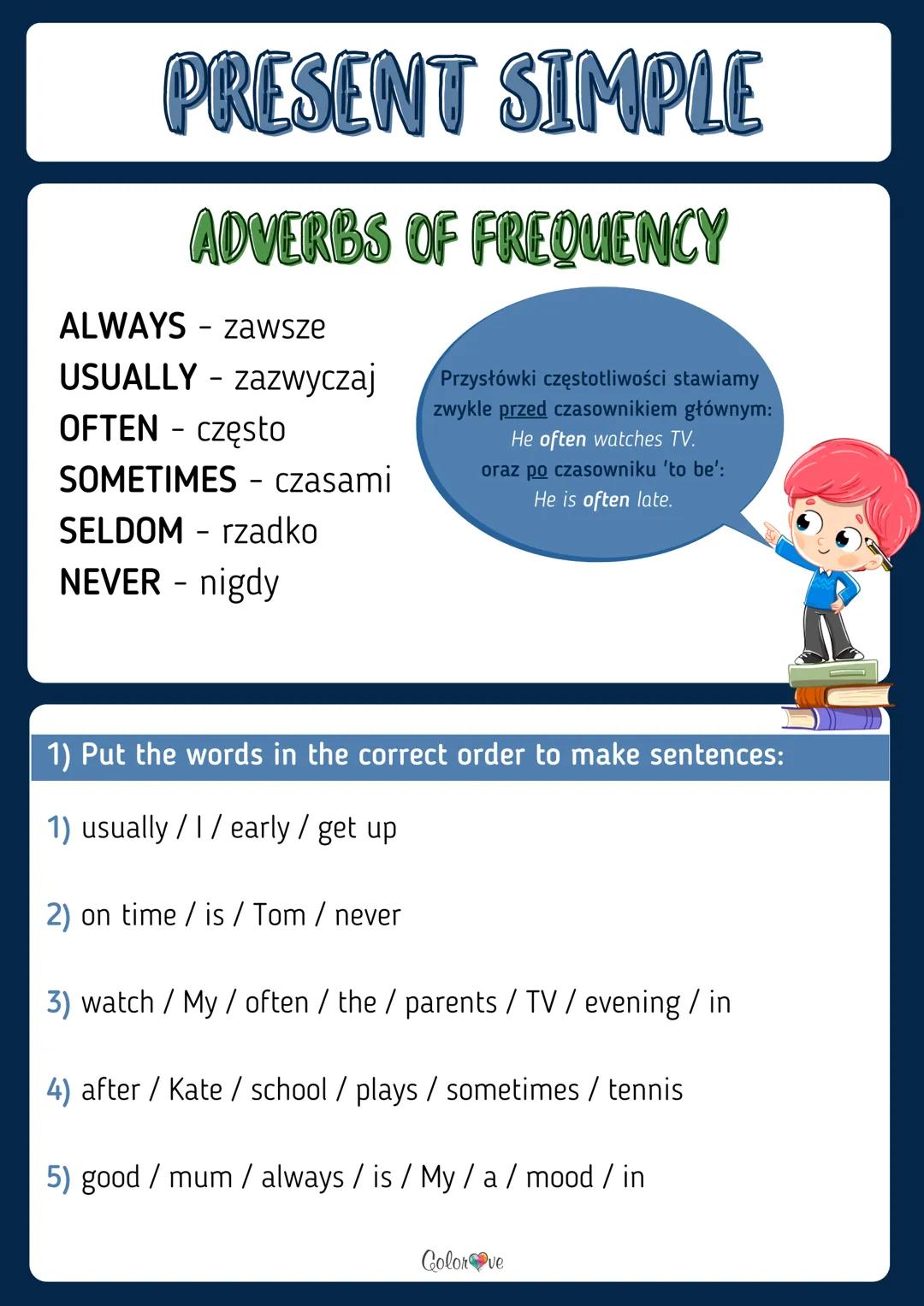 PRESENT SIMPLE
WORKBOOK
English!
www.colorove.pl PRESENT SIMPLE
I like milk.
ZDANIA TWIERDZĄCE
You like milk.
He likes milk.
She likes milk.