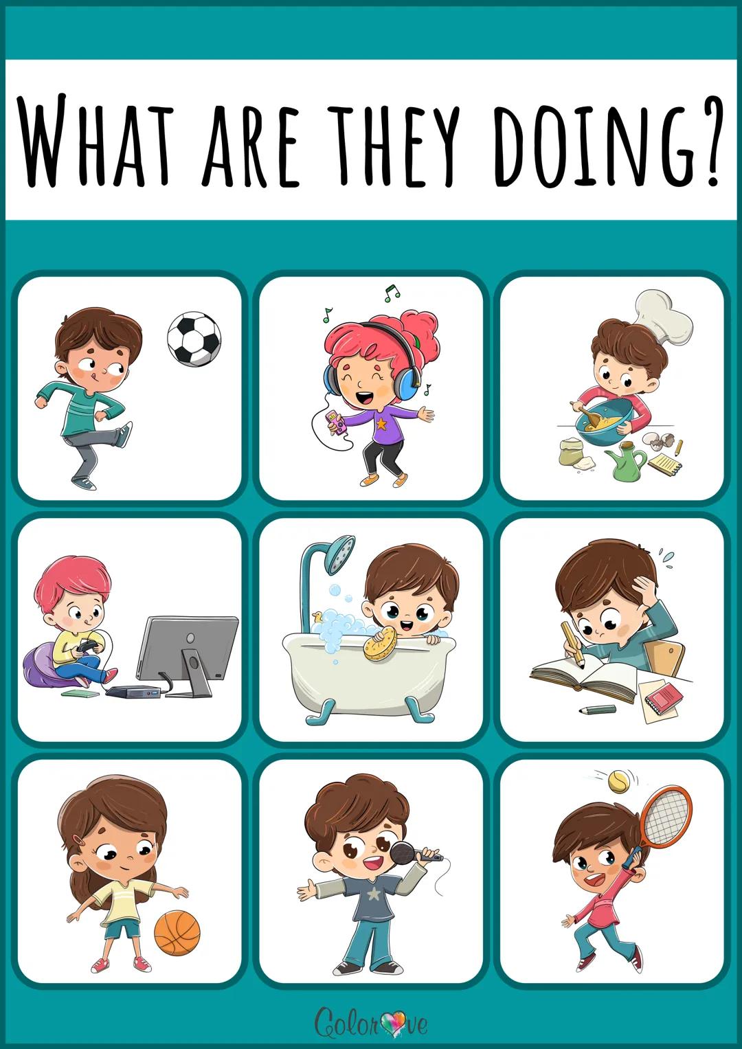 PRESENT CONTINUOUS
WORKBOOK
English!
www.colorove.pl ZDANIA TWIERDZĄCE
I am talking now.
You are talking now.
I'm studying
What are
He is ta