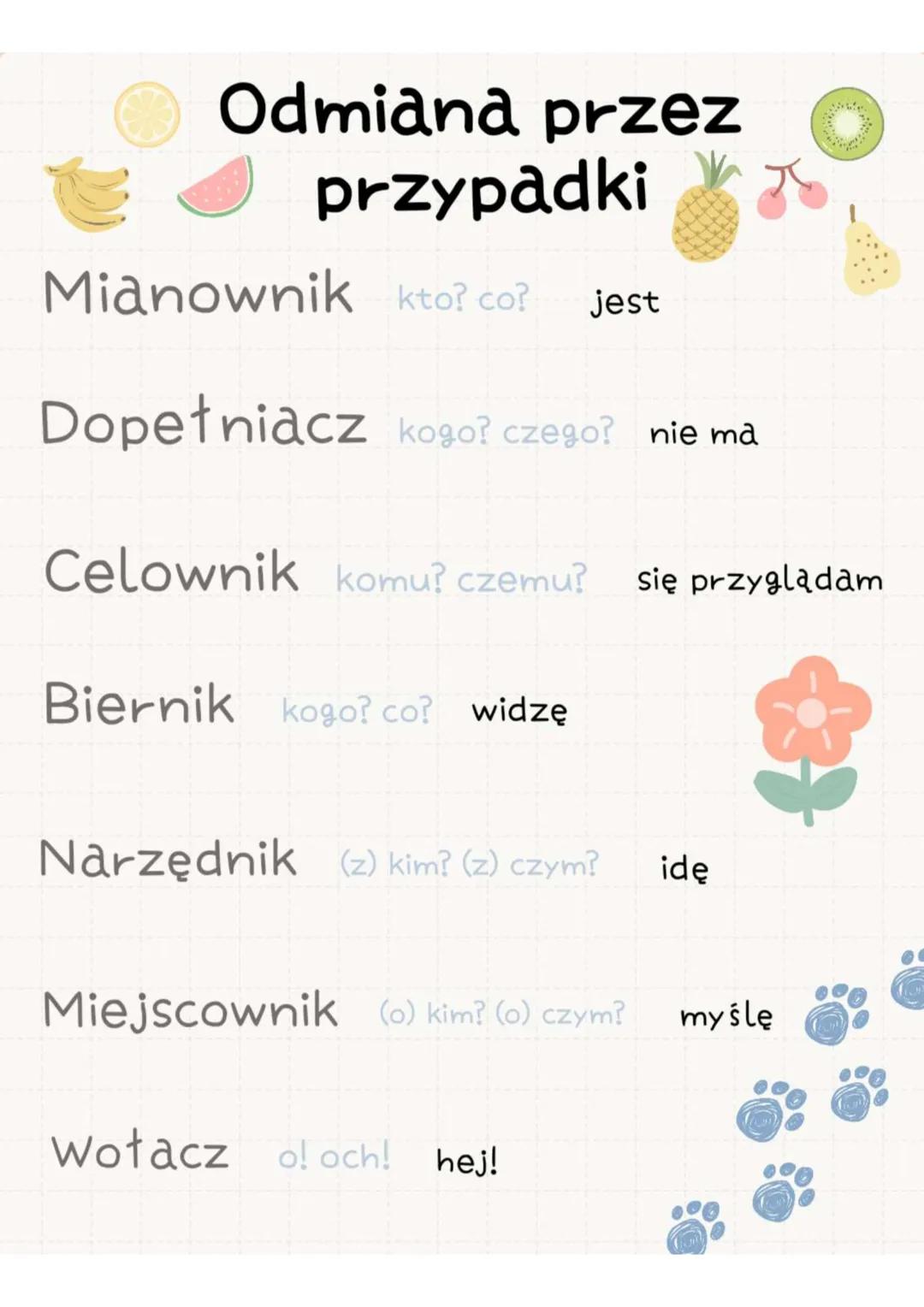 Odmiana przez O
przypadki
Mianownik kto? co?
jest
Dopełniacz kogo? czego? nie ma
Celownik Komu? czemu? się przyglądam
Biernik kogo? co? widz