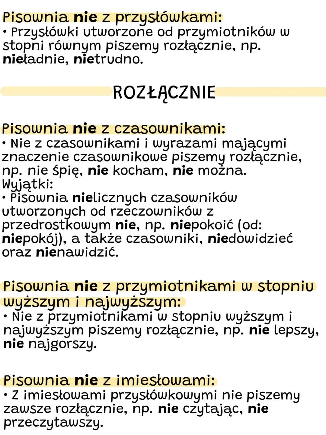 # Zasady pisowni nie z
różnymi częściami mowy
ŁĄCZNIE
Pisownia nie z rzeczownikami:
* Nie z rzeczownikami piszemy łącznie, np.
nieszczęś