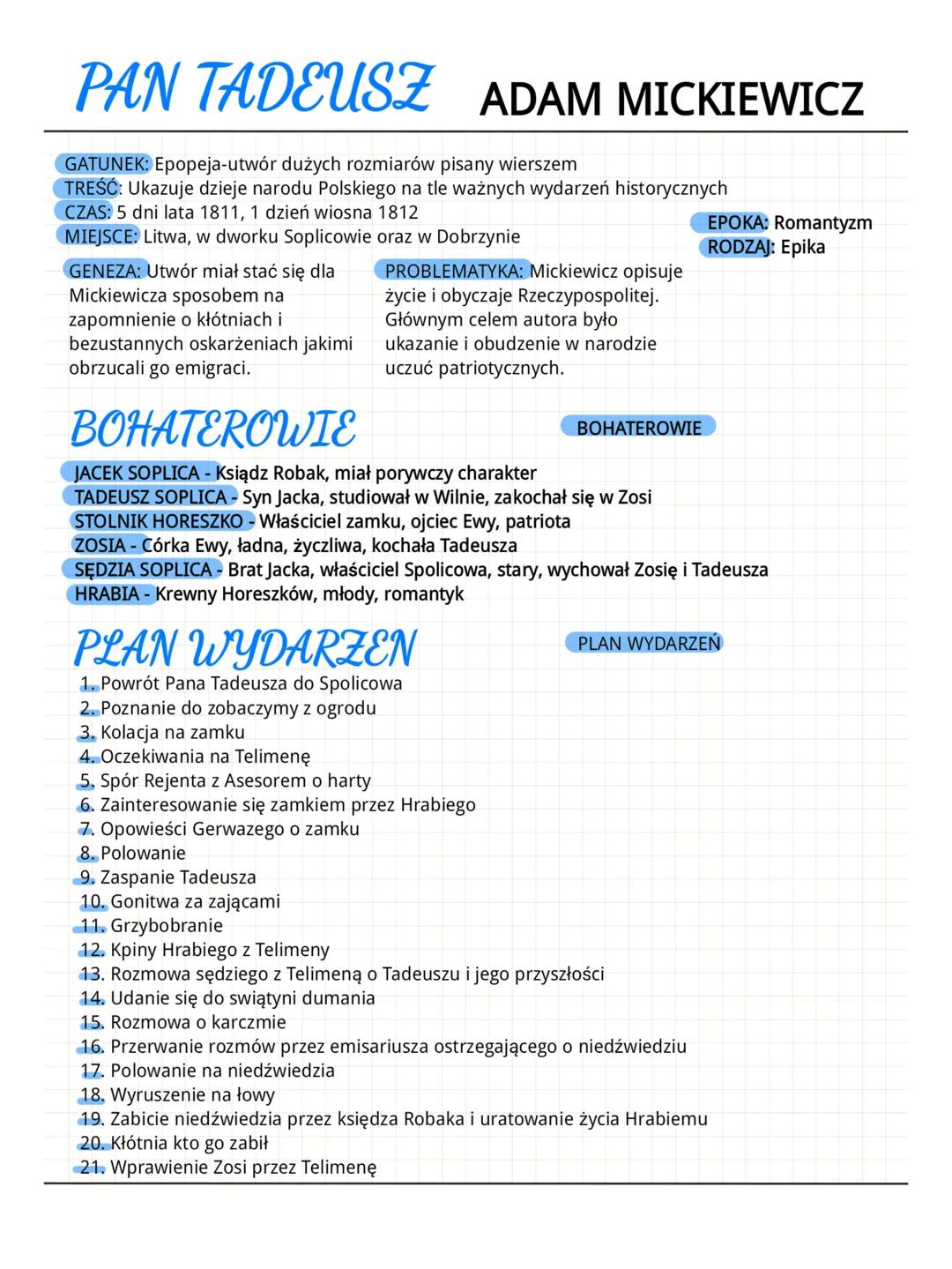 PAN TADEUSZ ADAM MICKIEWICZ
GATUNEK: Epopeja-utwór dużych rozmiarów pisany wierszem
TREŚĆ: Ukazuje dzieje narodu Polskiego na tle ważnych wy