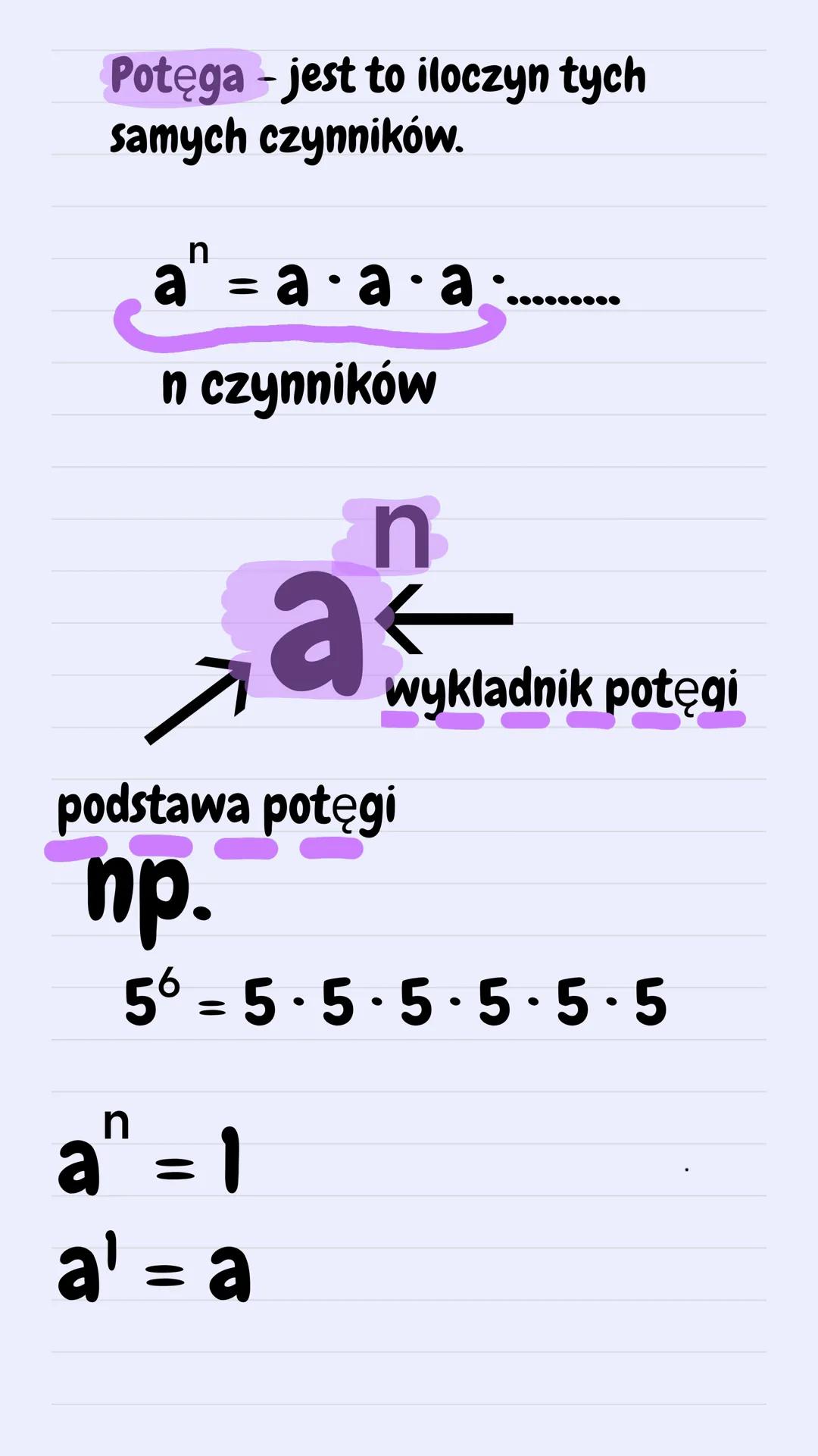 1. Mnożenie potęg o tych samych podstawach:
$a^n \cdot a^n = a^{n+n}$
2. Dzielenie potęg o tych samych podstawach:
$a^n : a^n = a^{n-n}$
3
