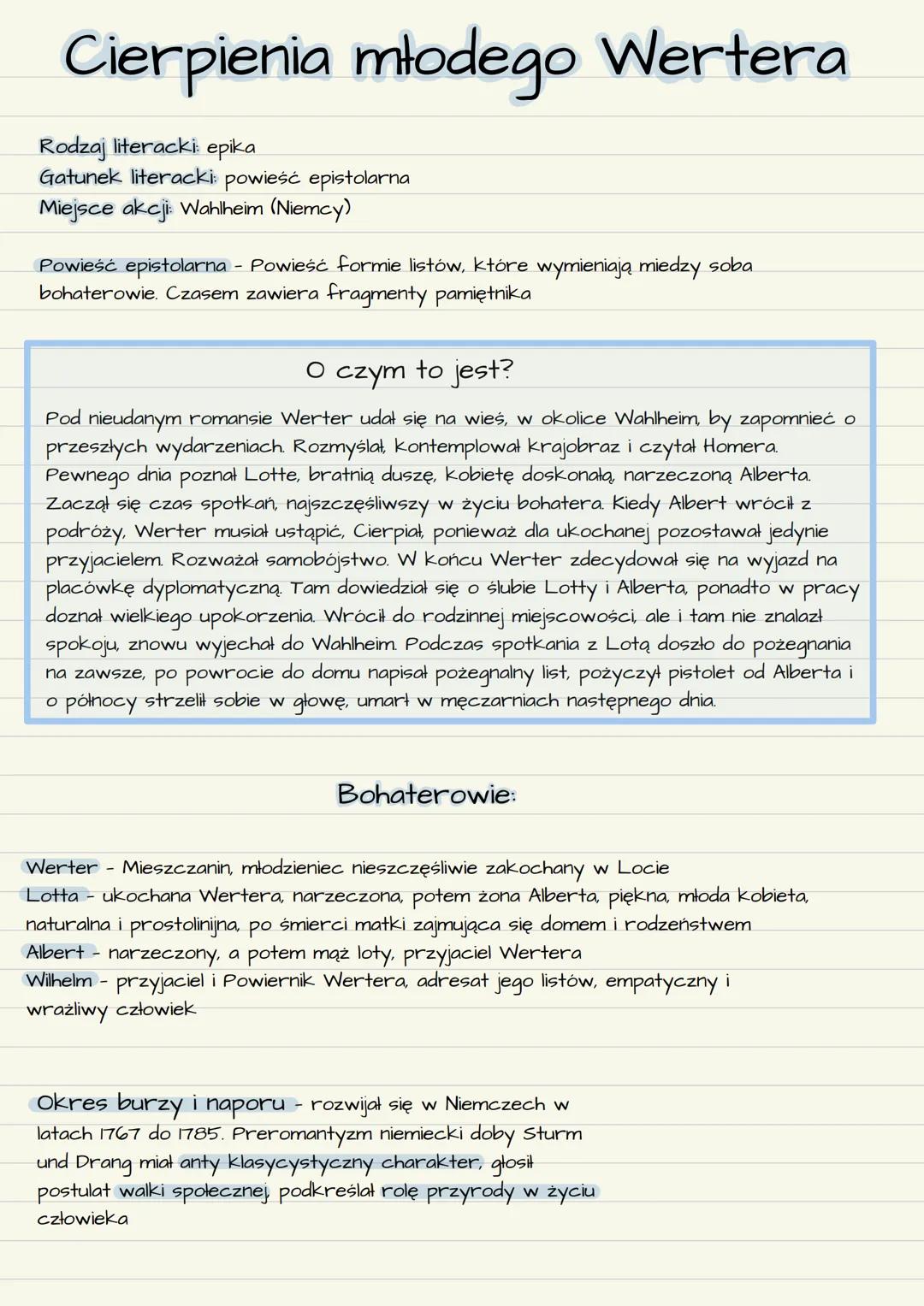 Cierpienia młodego Wertera
Rodzaj literacki epika
Gatunek literacki: powieść epistolarna
Miejsce akcji: Wahlheim (Niemcy)
Powieść epistolarn