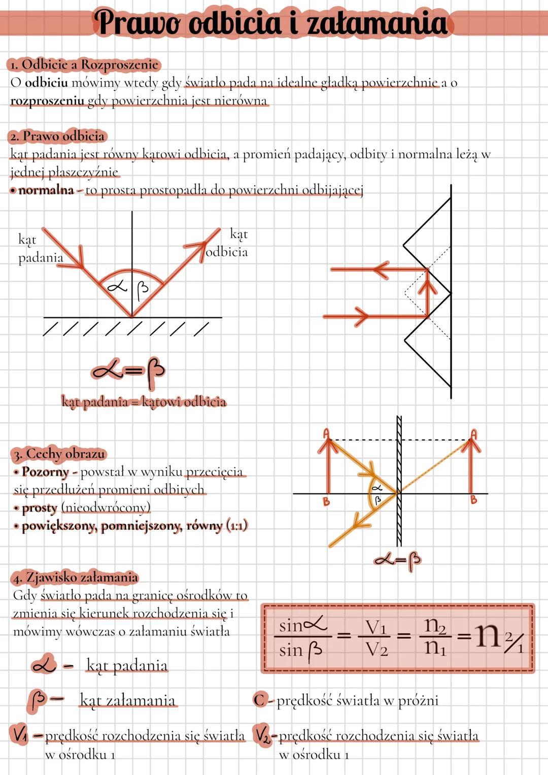 Prawo odbicia i załamania
1. Odbicie a Rozproszenie
O odbiciu mówimy wtedy gdy światło pada na idealne gładką powierzchnie a o
rozproszeniu