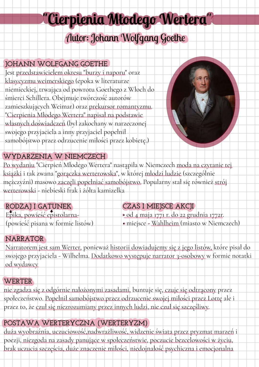 # "Cierpienia Młodego Wertera"
Autor: Johann Wolfgang Goethe
JOHANN WOLFGANG GOETHE
Jest przedstawicielem okresu "burzy i naporu" oraz
kl