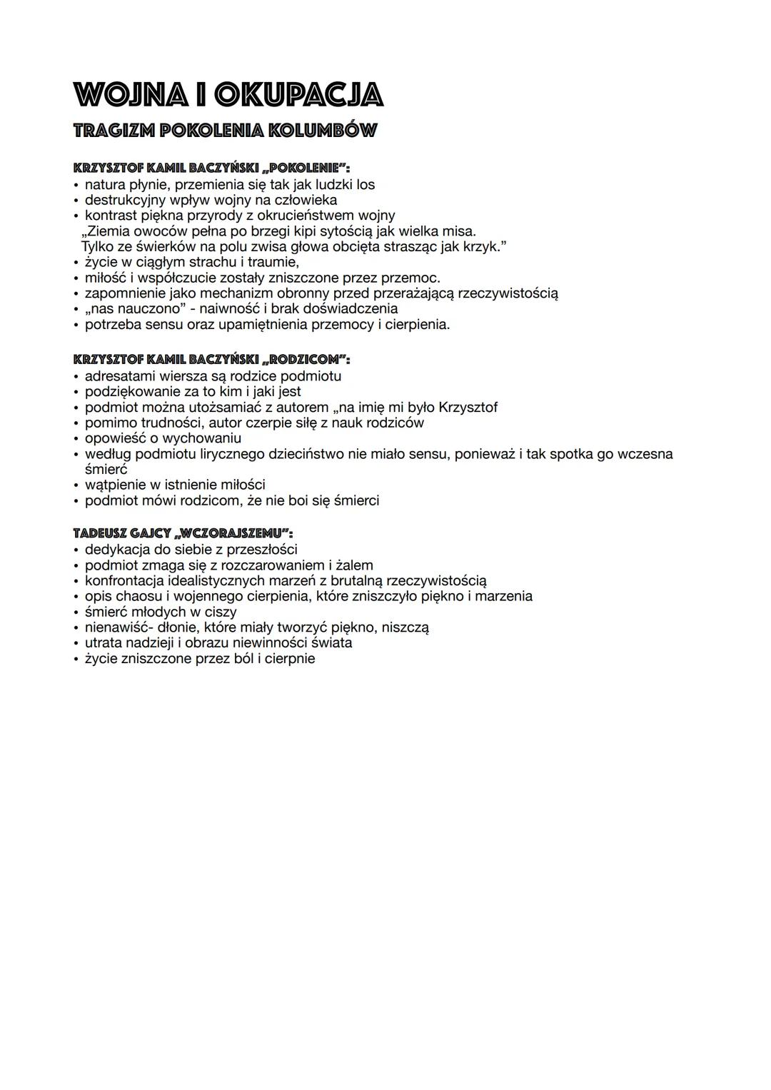 # WOJNA I OKUPACJA
# TRAGIZM POKOLENIA KOLUMBÓW
KRZYSZTOF KAMIL BACZYŃSKI „POKOLENIE“:
* natura płynie, przemienia się tak jak ludzki l