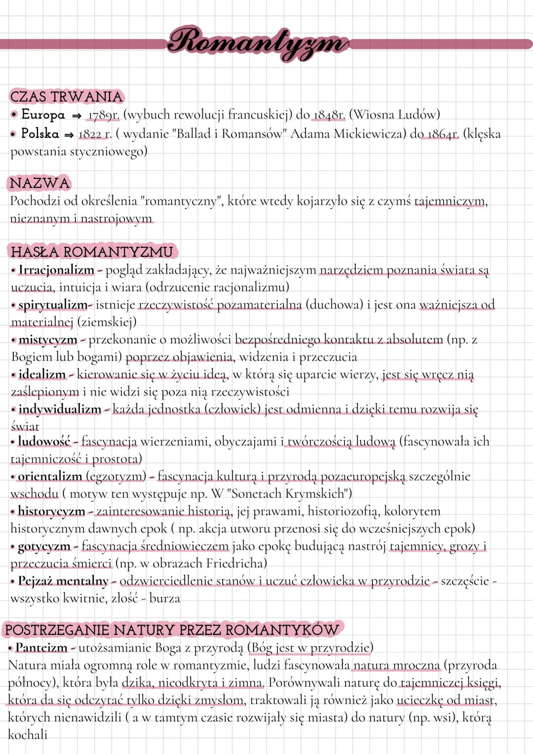 Romantyzm
CZAS TRWANIA
•
Europa ⇒ 1789r. (wybuch rewolucji francuskiej) do 1848r. (Wiosna Ludów)
Polska
1822 r. (wydanie "Ballad i Romansów"