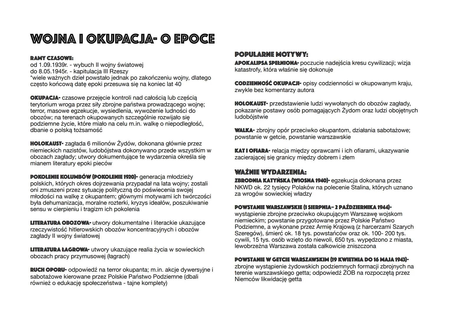 # WOJNA I OKUPACJA- O EPOCE
RAMY CZASOWE:
od 1.09.1939r. - wybuch II wojny światowej
do 8.05.1945r. - kapitulacja III Rzeszy
*wiele ważnych