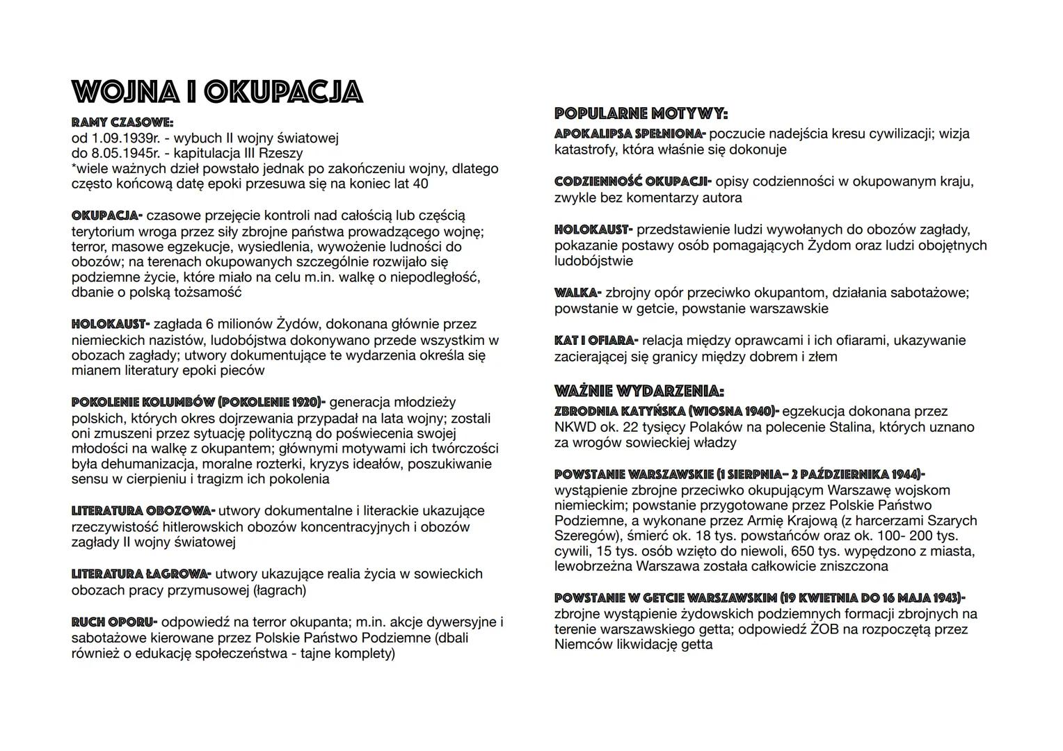 WOJNA I OKUPACJA
RAMY CZASOWE:
od 1.09.1939r. - wybuch II wojny światowej
do 8.05.1945r. - kapitulacja III Rzeszy
*wiele ważnych dzieł powst