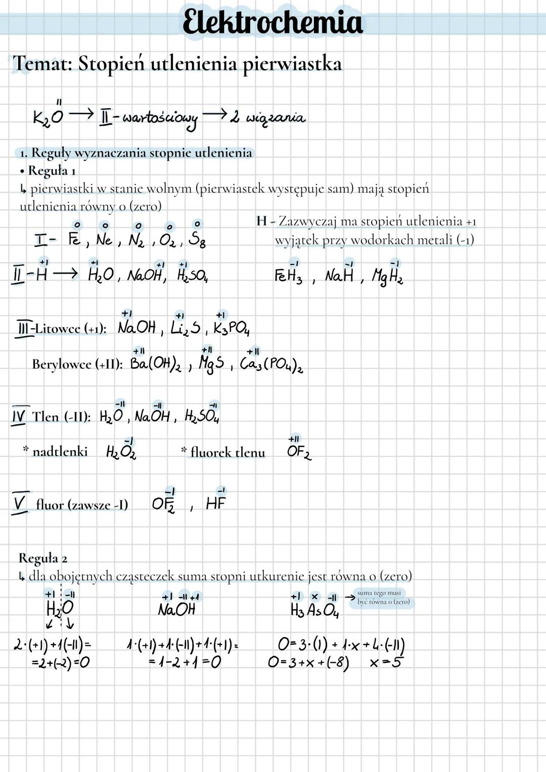 Elektrochemia
Temat: Stopień utlenienia pierwiastka
11
K₂O → II - wartościowy 2 wiązania
1. Reguły wyznaczania stopnie utlenienia
•
⚫ Reguła