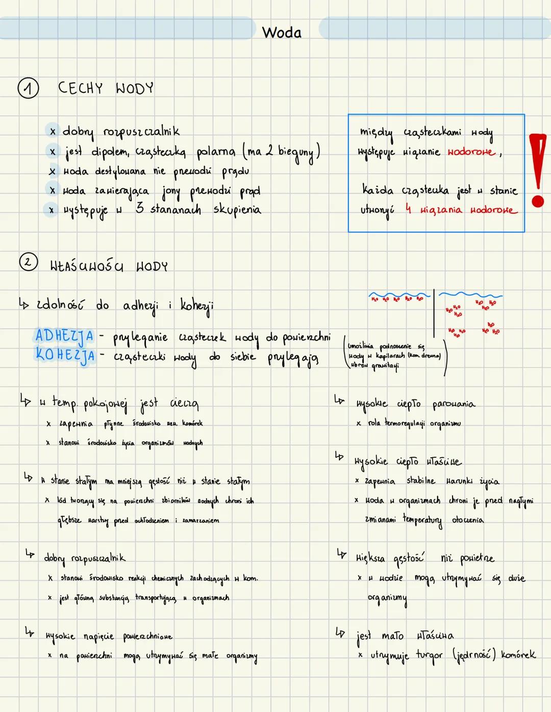 Woda
1 CECHY WODY
x dobry rozpuszczalnik
x jest dipolem, cząsteczką polarna (ma 2 bieguny)
X Hoda destylowana nie prevodi pradu
* Hoda