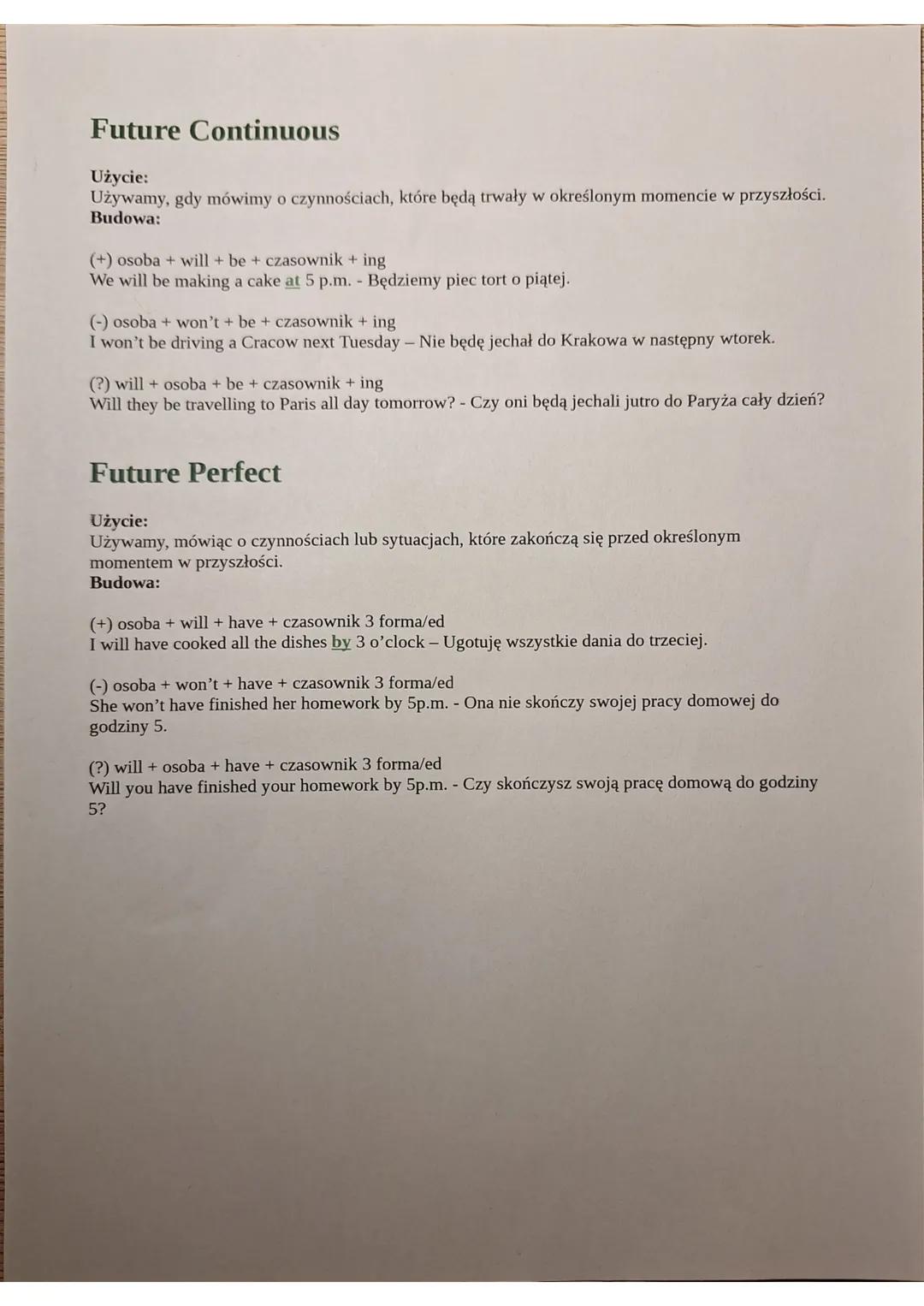 Future Continuous
Użycie:
Używamy, gdy mówimy o czynnościach, które będą trwały w określonym momencie w przyszłości.
Budowa:
(+) osoba + w