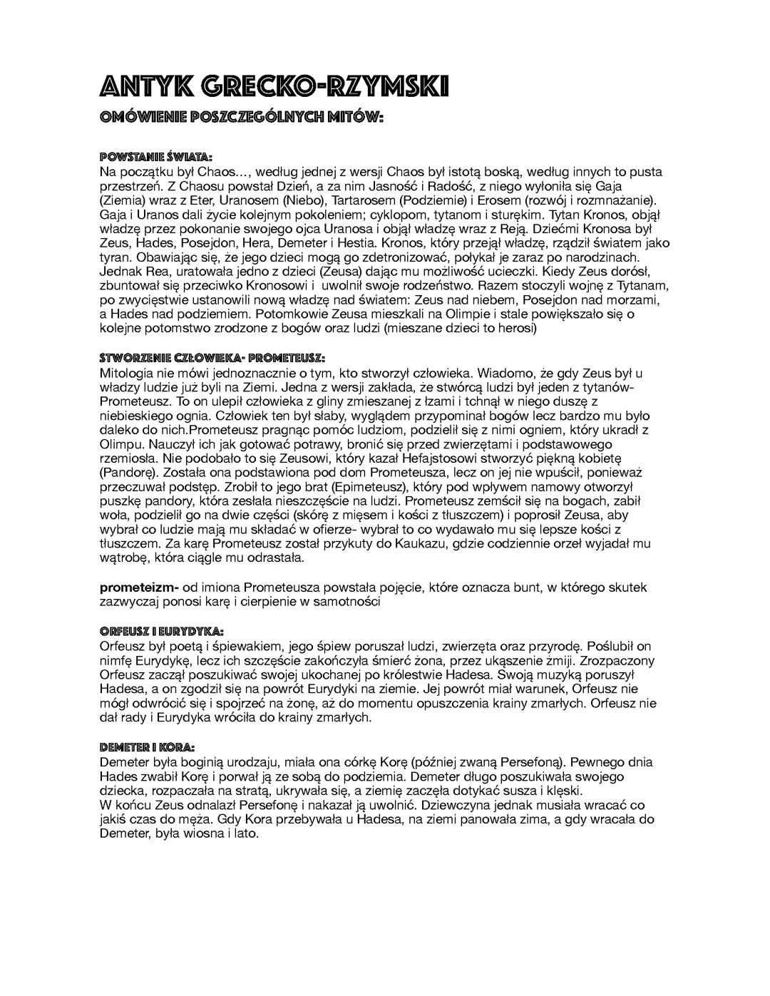 antyk grecko-rzymski omówienie poszczególnych mitów