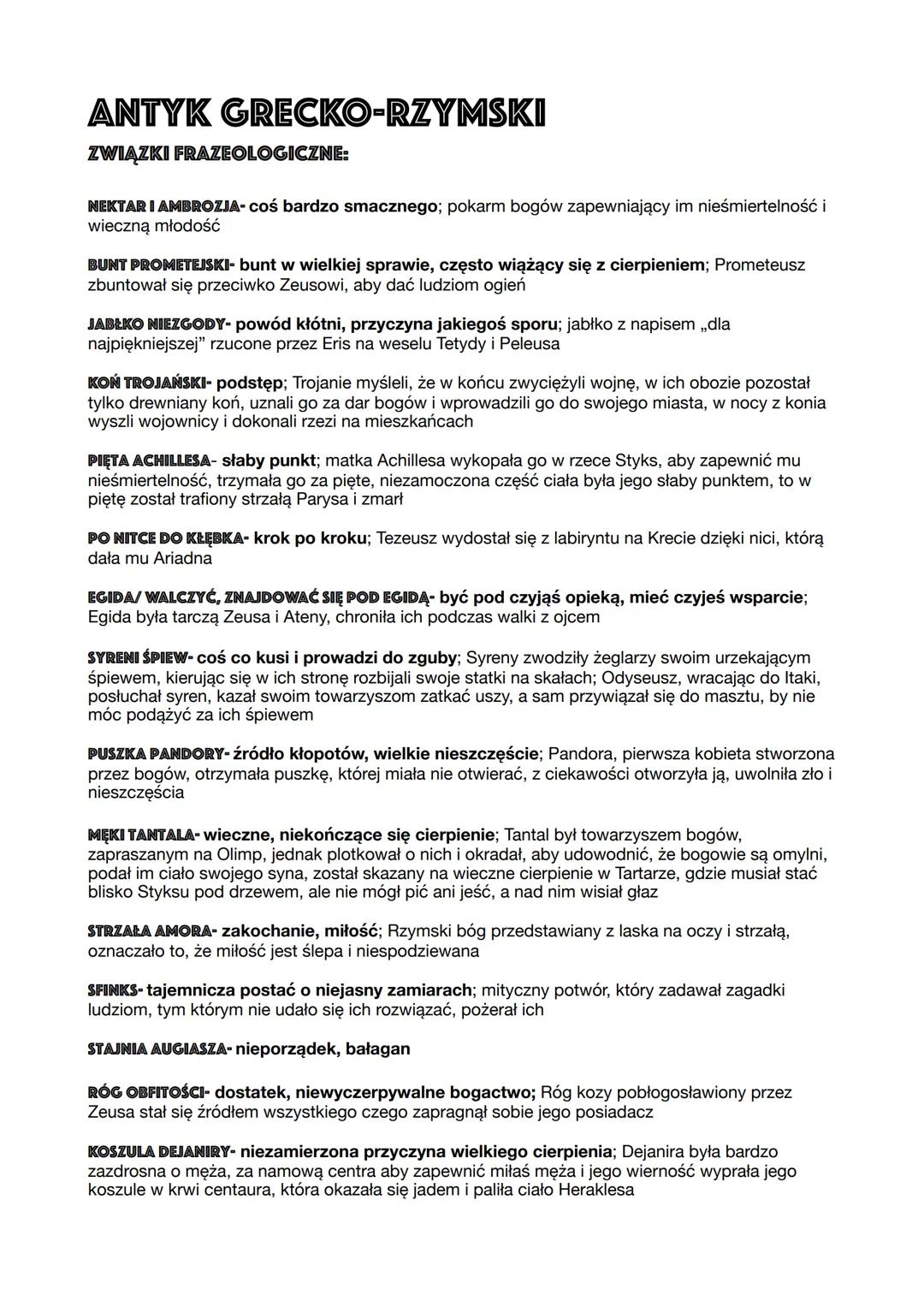 # ANTYK GRECKO-RZYMSKI
ZWIĄZKI FRAZEOLOGICZNE:
NEKTAR I AMBROZJA- coś bardzo smacznego; pokarm bogów zapewniający im nieśmiertelność i
wie
