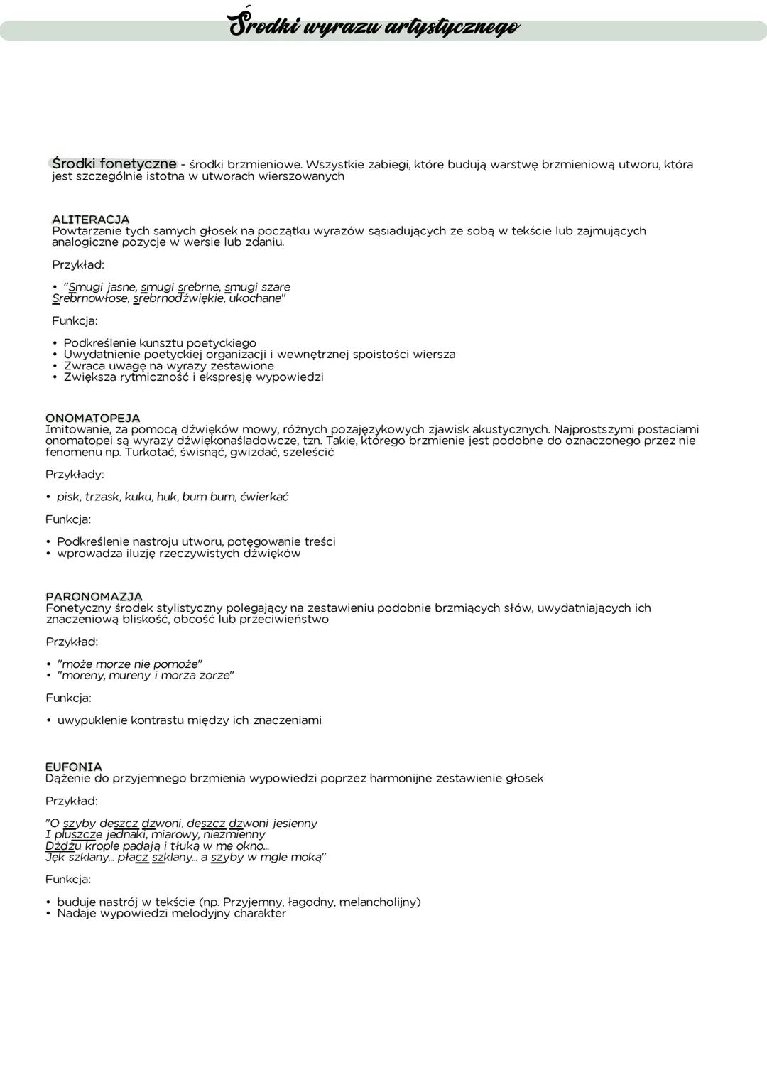 Srodki wyrazu artystycznego
Środki fonetyczne - środki brzmieniowe. Wszystkie zabiegi, które budują warstwę brzmieniową utworu, która
jest s