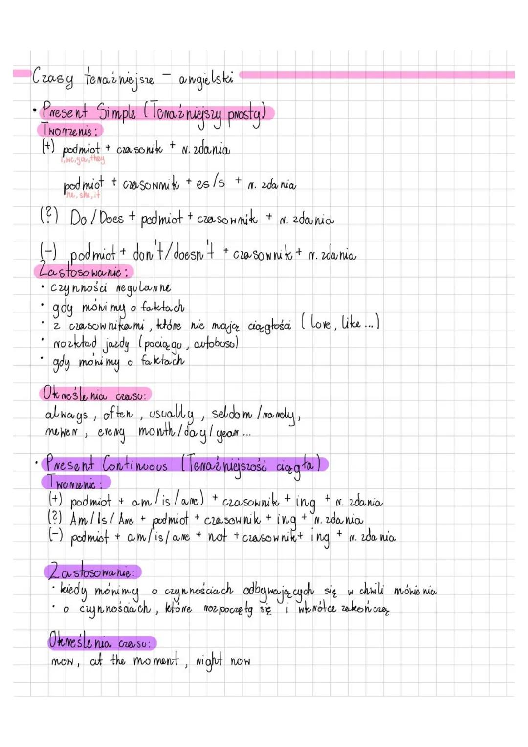 Czasy tenażniejsze angielski
• Present Simple (Tenażniejszy prosty)
Tworzenie:
(+) podmiot + crasonik + v. zdania
Iwe, you, they
podmiot